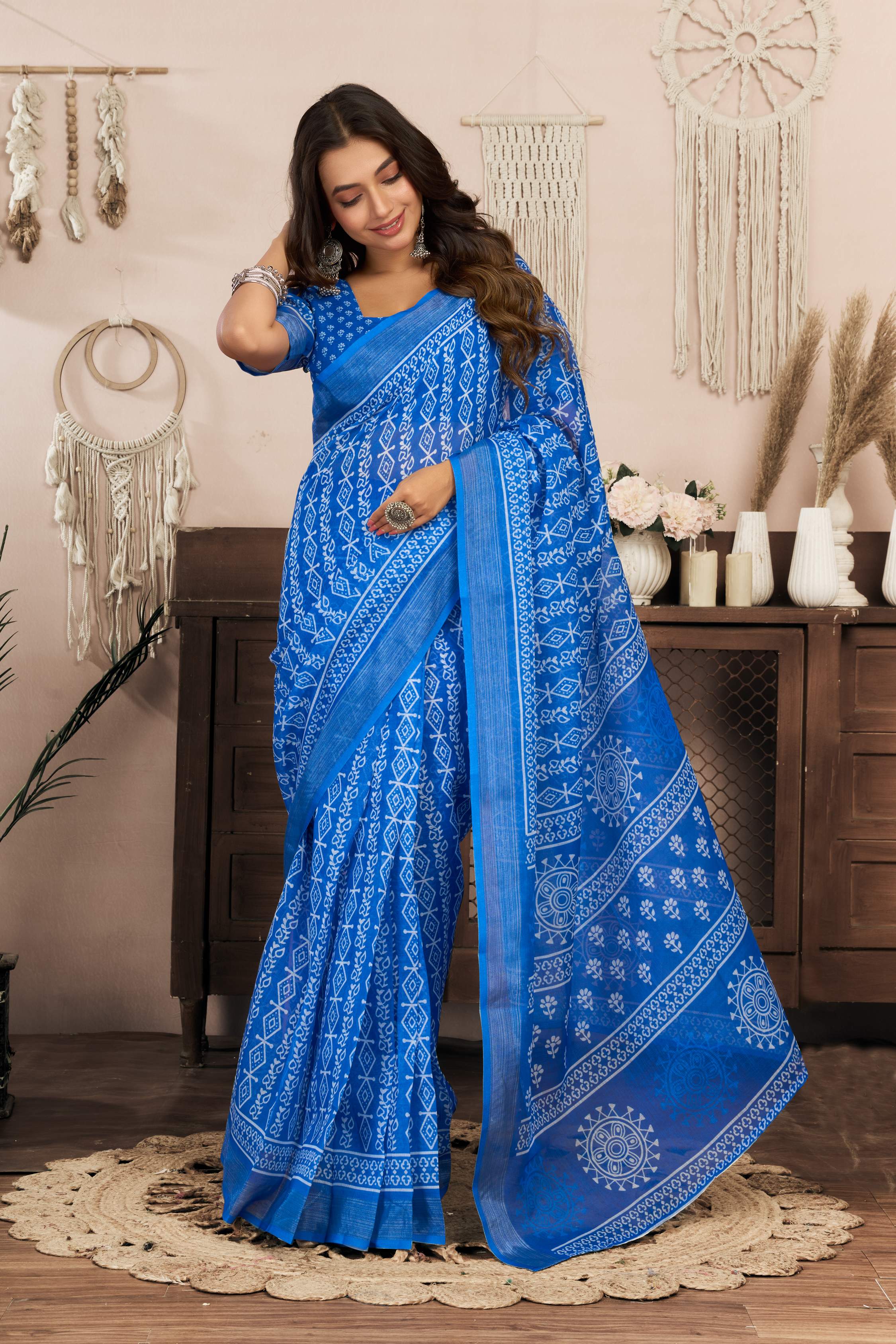 Dwija Fashion Blue Party Wear Printed Linen Ready To Wear Saree With Unstitched Blouse