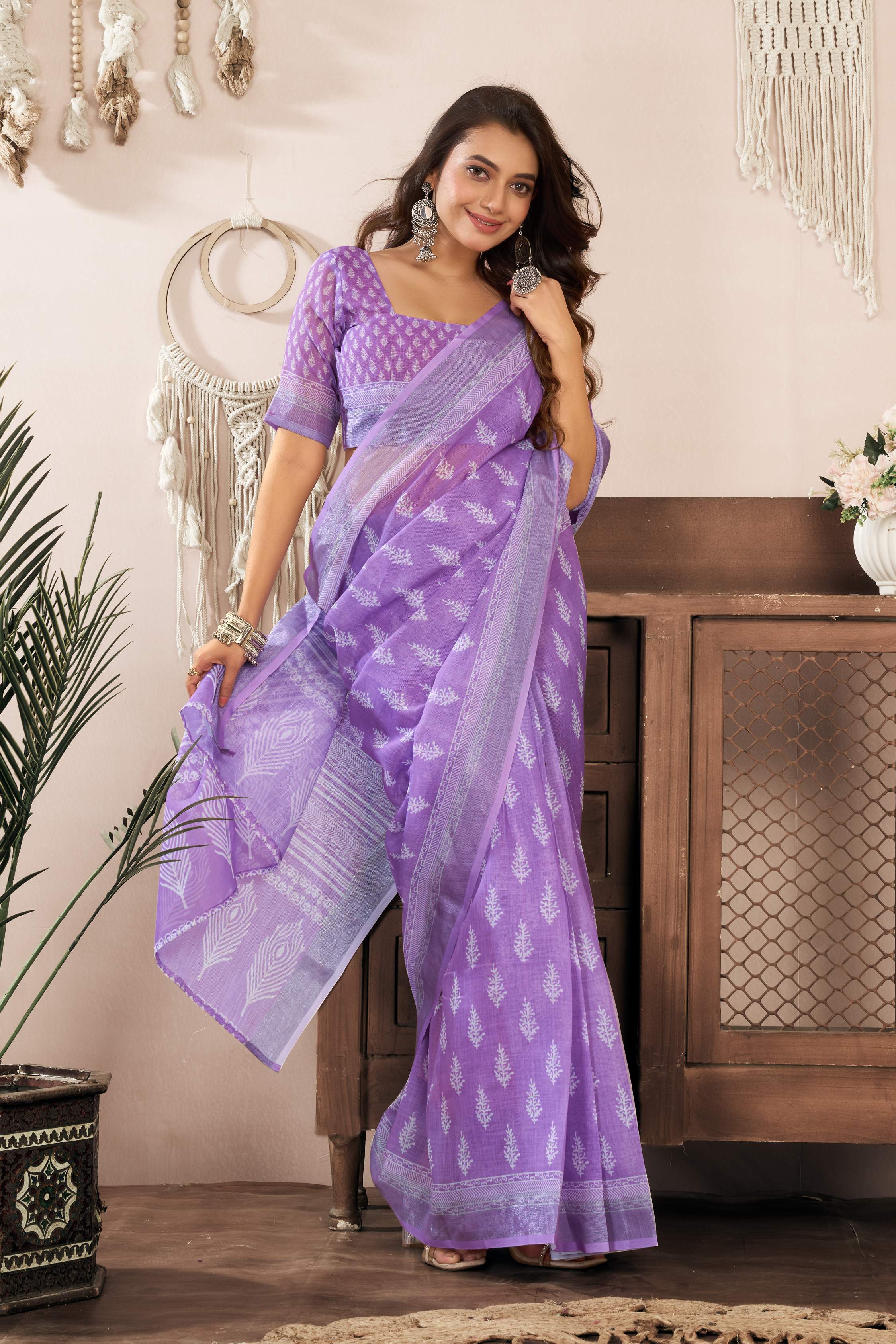 Dwija Fashion Lavender Party Wear Printed Linen Ready To Wear Saree With Unstitched Blouse
