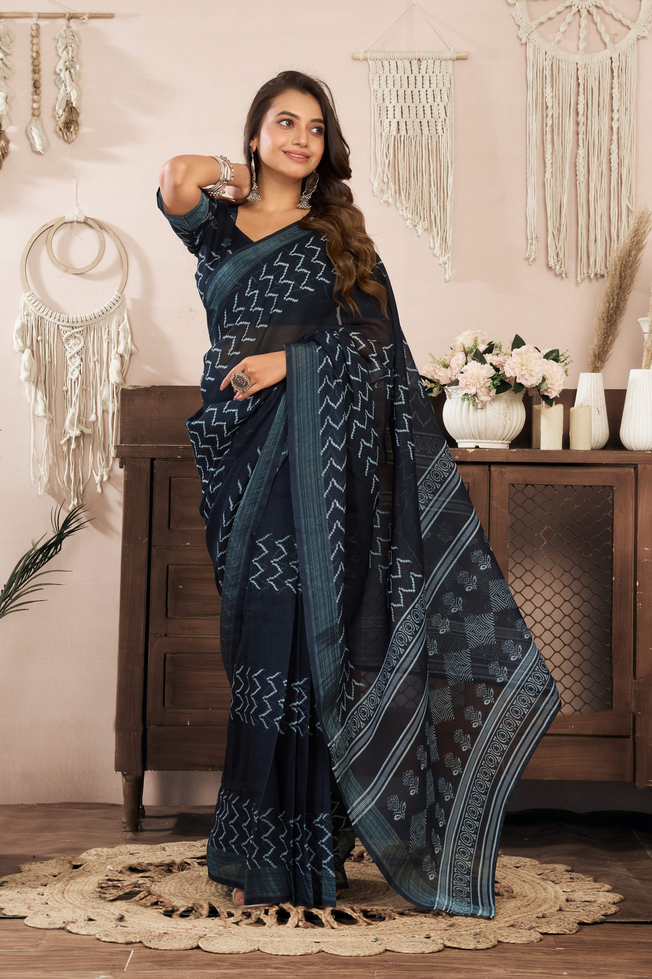 Dwija Fashion Black Party Wear Printed Linen Ready To Wear Saree With Unstitched Blouse