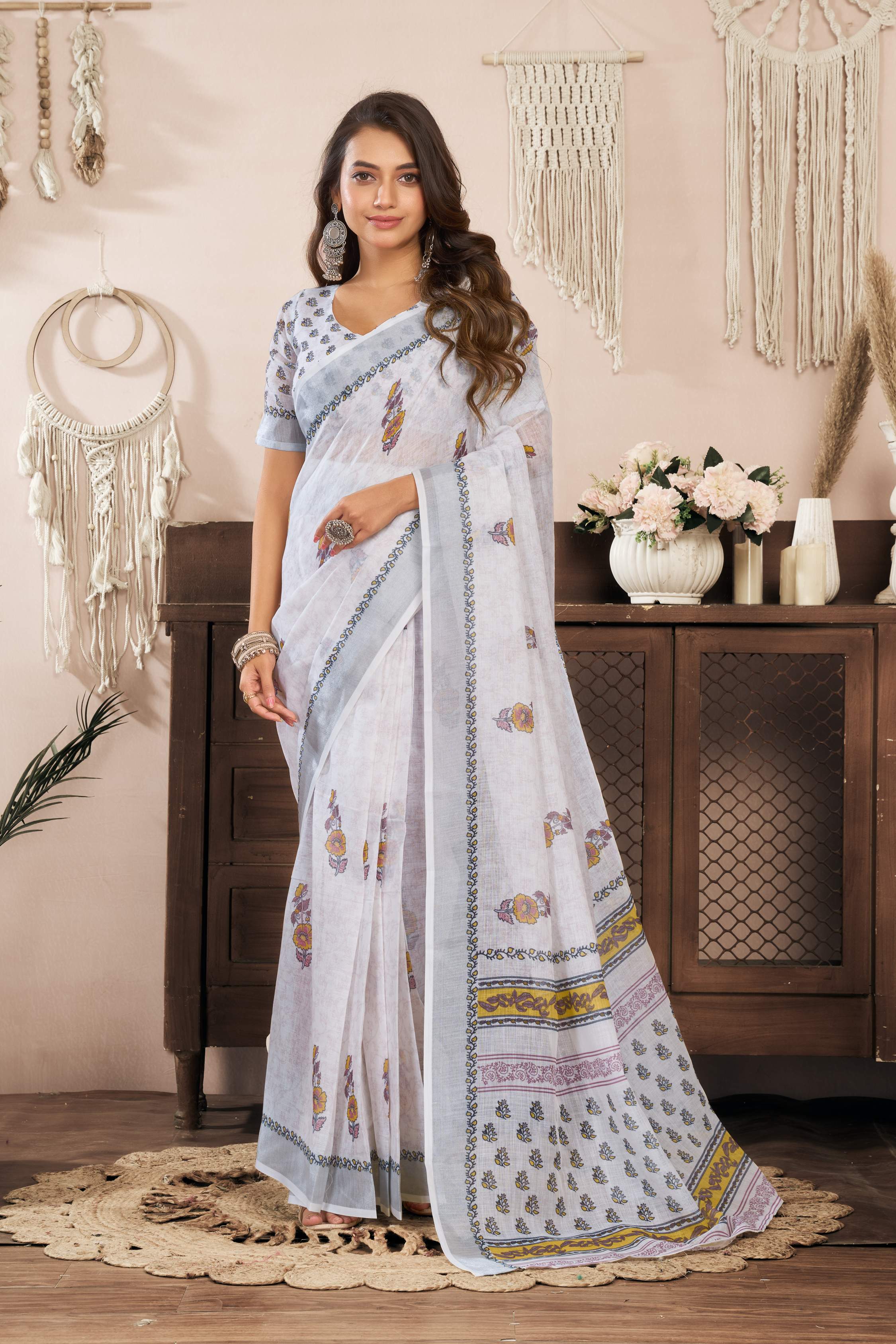 Dwija Fashion White Party Wear Printed Linen Ready To Wear Saree With Unstitched Blouse