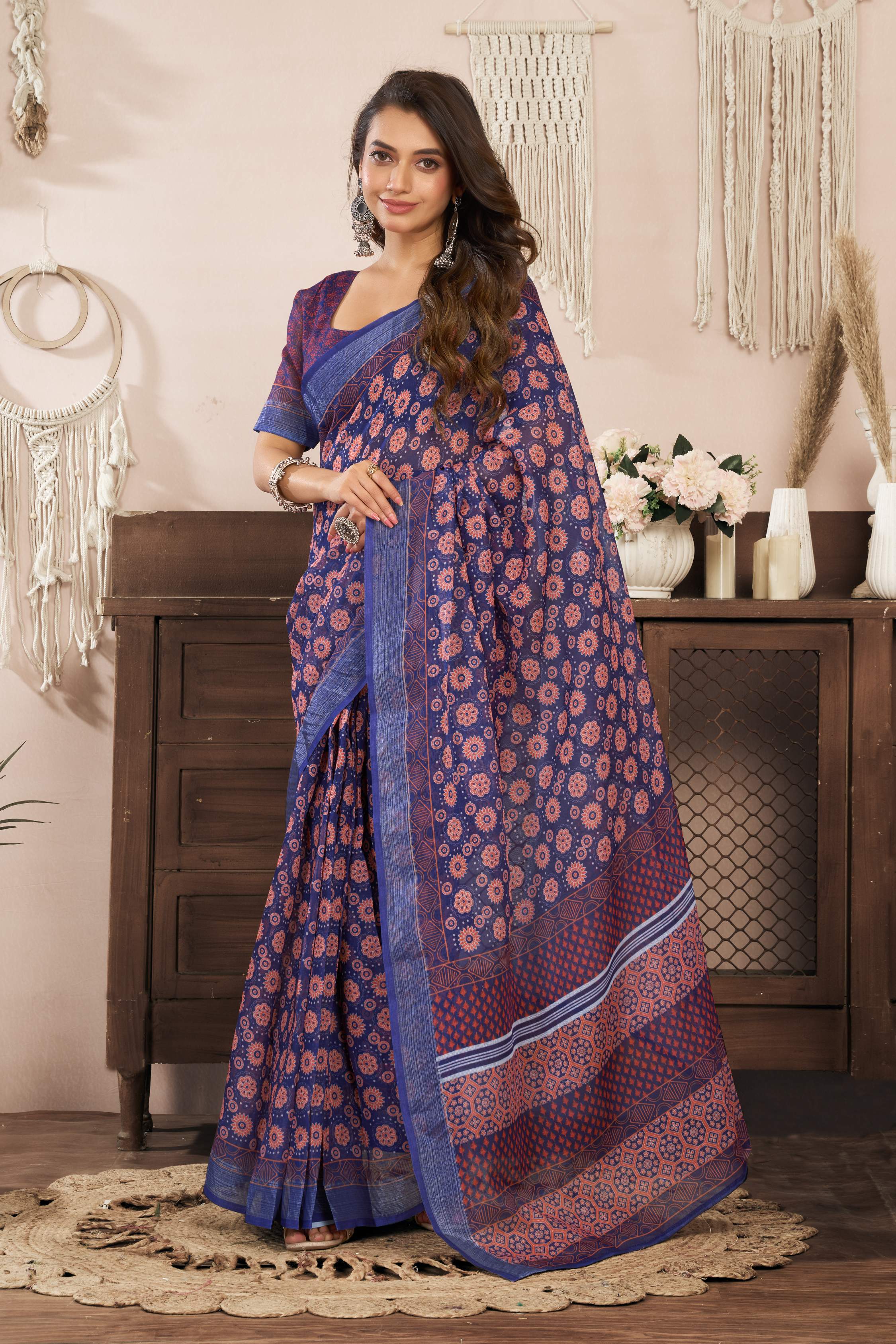 Dwija Fashion Blue Party Wear Printed Linen Ready To Wear Saree With Unstitched Blouse