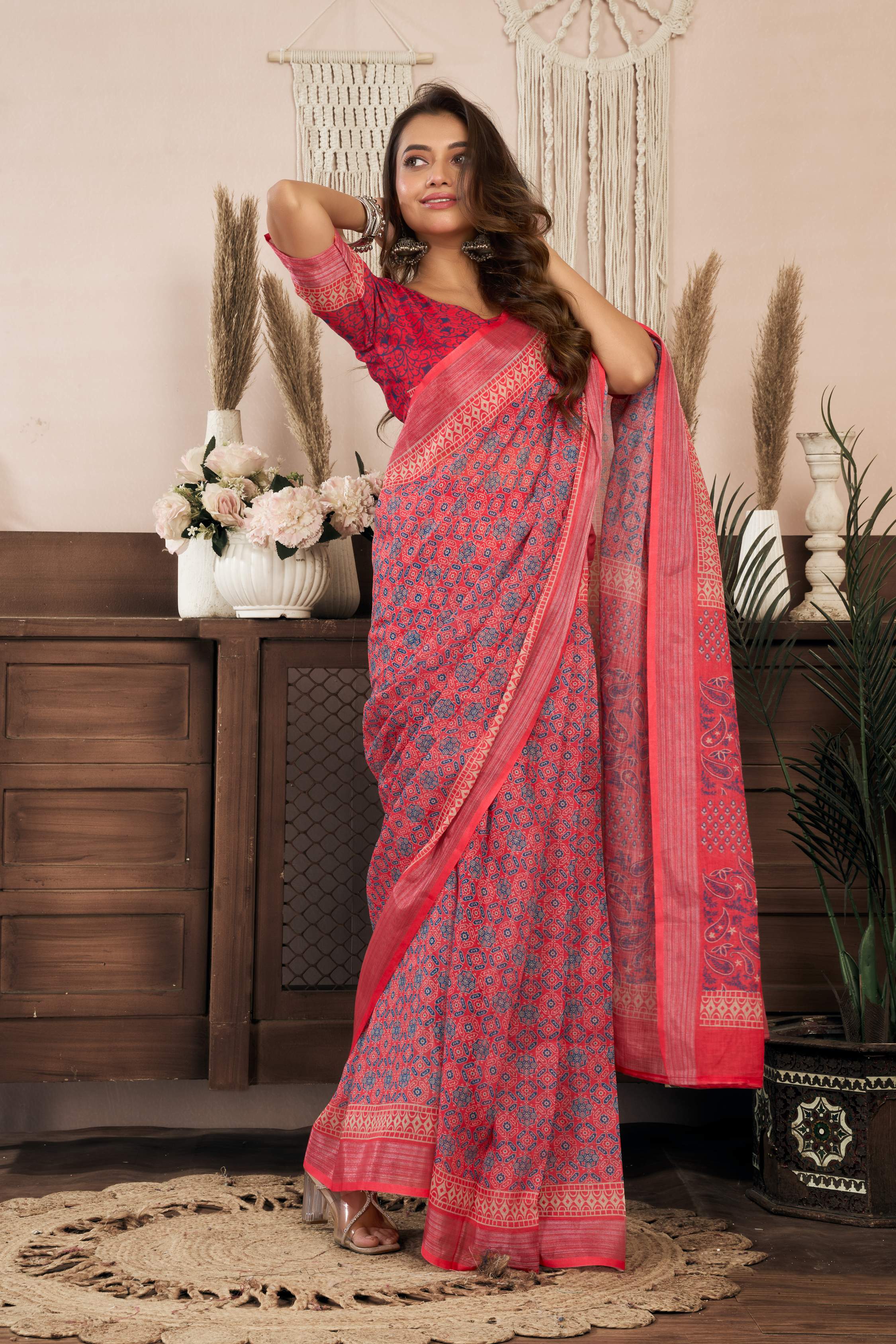 Dwija Fashion Red Party Wear Printed Linen Ready To Wear Saree With Unstitched Blouse