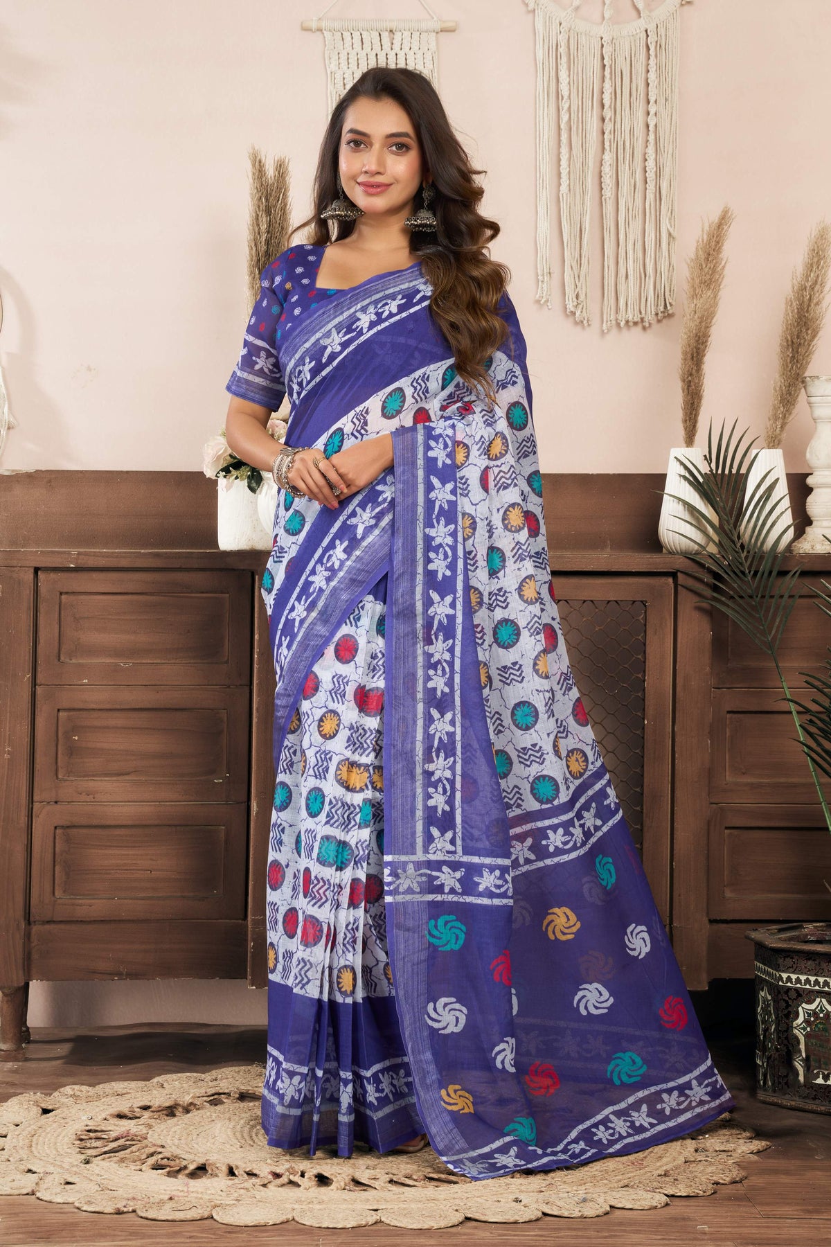 Dwija Fashion Blue Party Wear Printed Linen Ready To Wear Saree With Unstitched Blouse