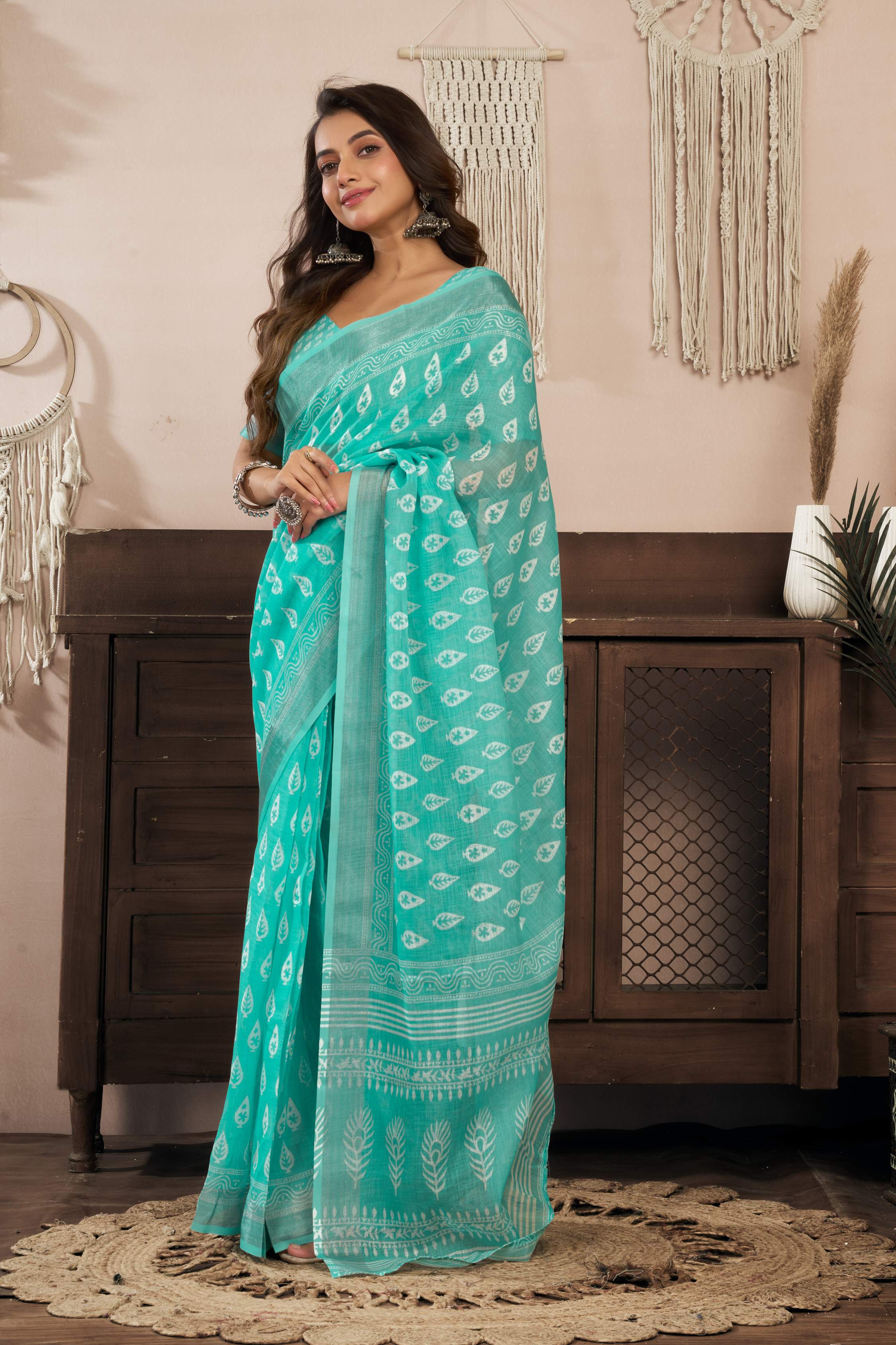 Dwija Fashion Turquoise Blue Party Wear Printed Linen Ready To Wear Saree With Unstitched Blouse