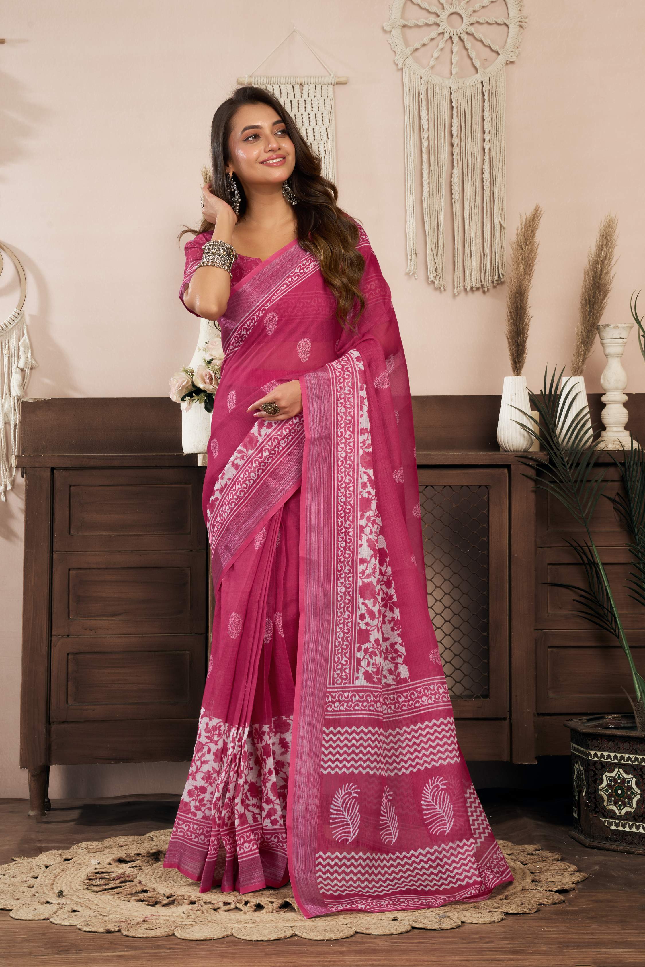 Dwija Fashion Pink Party Wear Printed Linen Ready To Wear Saree With Unstitched Blouse
