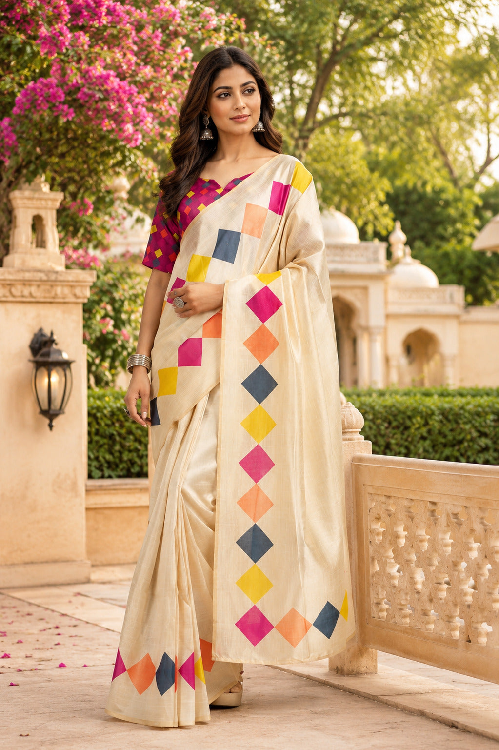 Dwija Fashion White Party Wear Printed Linen Ready To Wear Saree With Unstitched Blouse - Dista