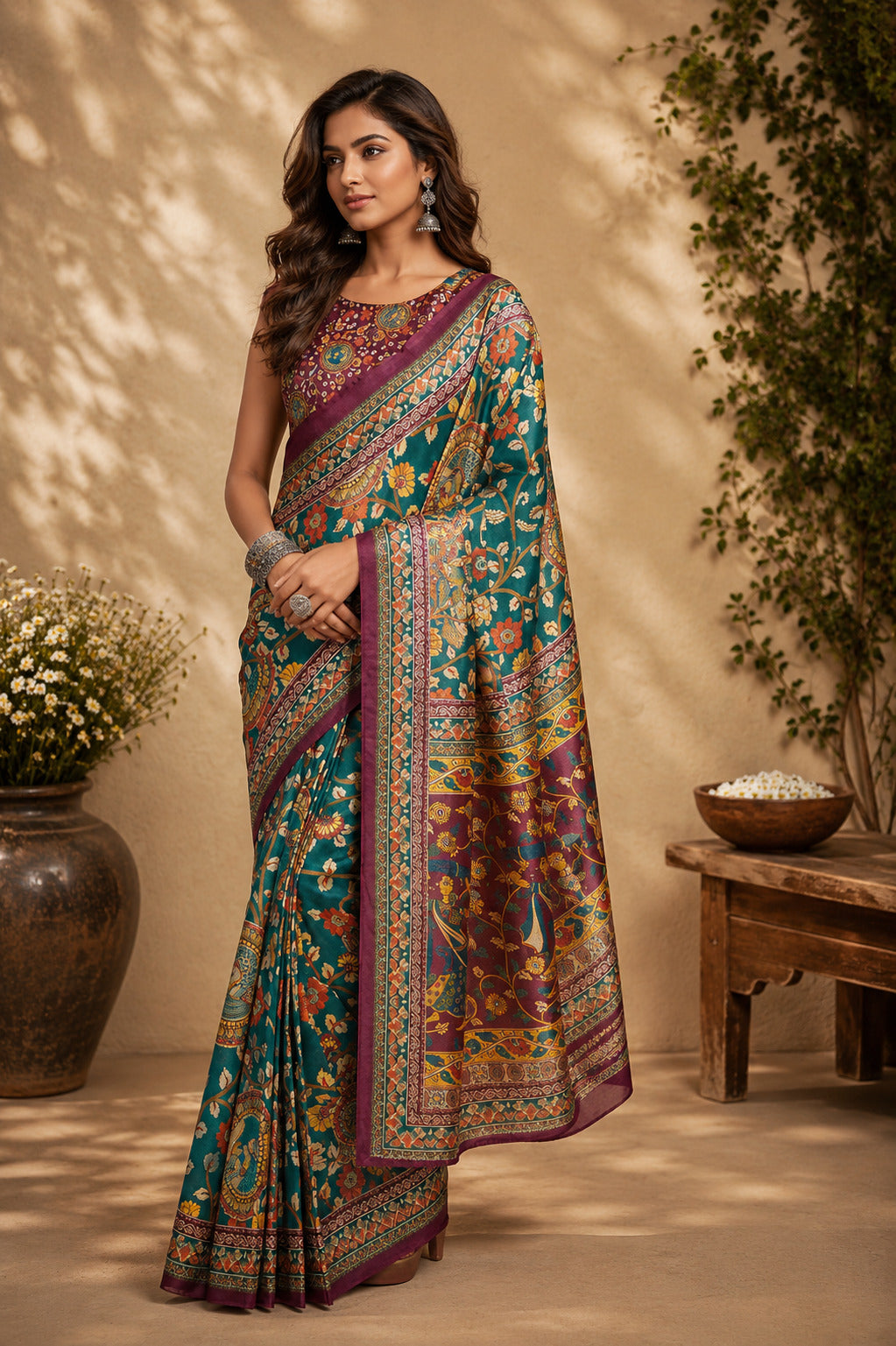 Dwija Fashion Green Party Wear Printed Linen Ready To Wear Saree With Unstitched Blouse
