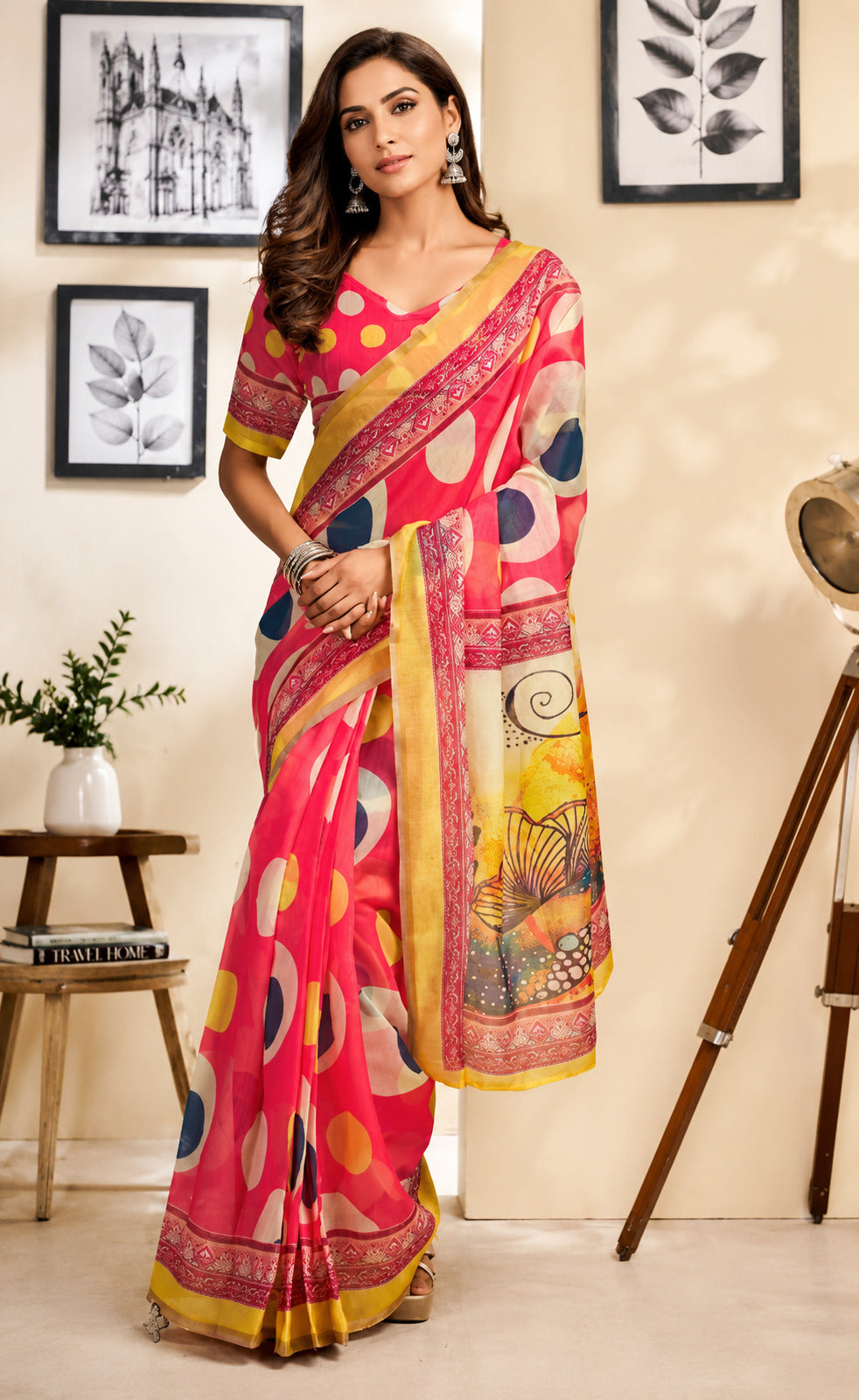 Dwija Fashion Red Party Wear Printed Linen Ready To Wear Saree With Unstitched Blouse