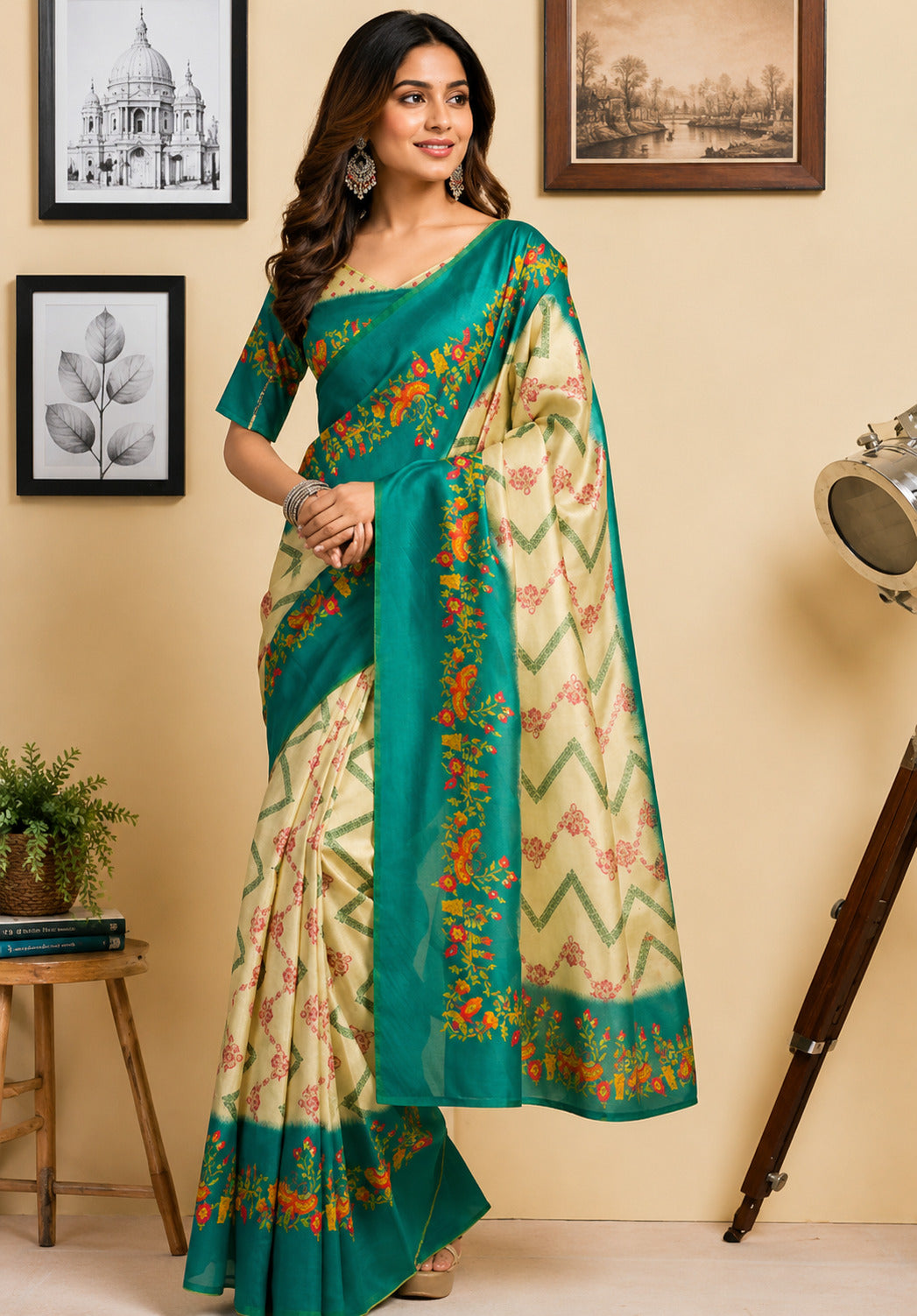 Dwija Fashion Off - White Party Wear Printed Linen Ready To Wear Saree With Unstitched Blouse