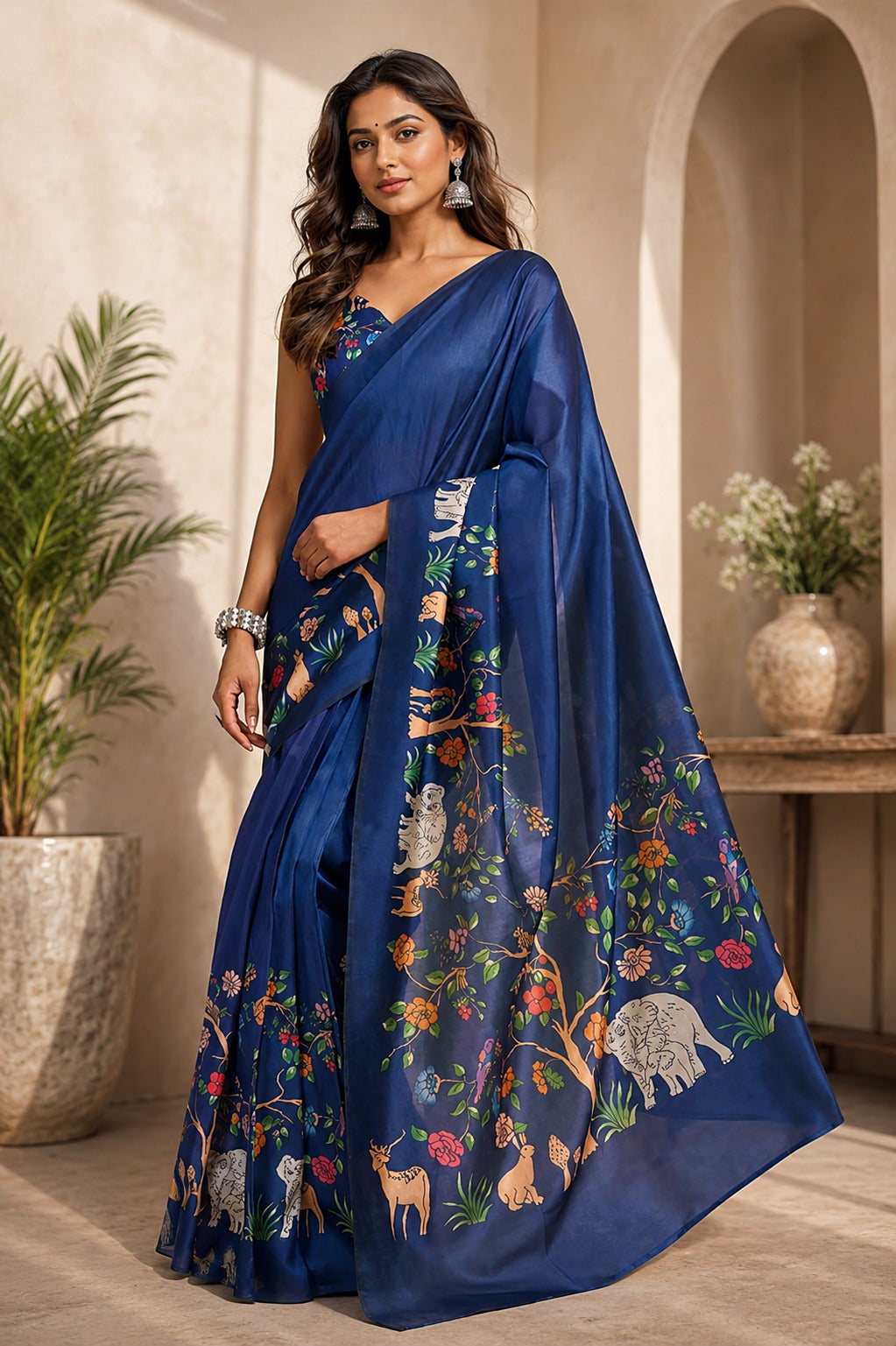 Dwija Fashion Navy Blue Party Wear Printed Linen Ready To Wear Saree With Unstitched Blouse - Dista