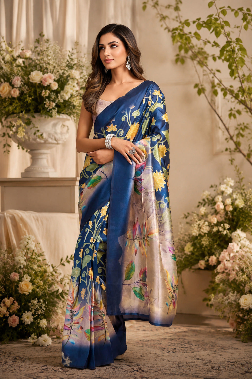 Dwija Fashion Navy Blue Party Wear Printed Linen Ready To Wear Saree With Unstitched Blouse