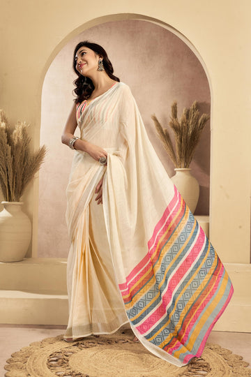 Dwija Fashion Off - White Party Wear Printed Linen Ready To Wear Saree With Unstitched Blouse - Dista