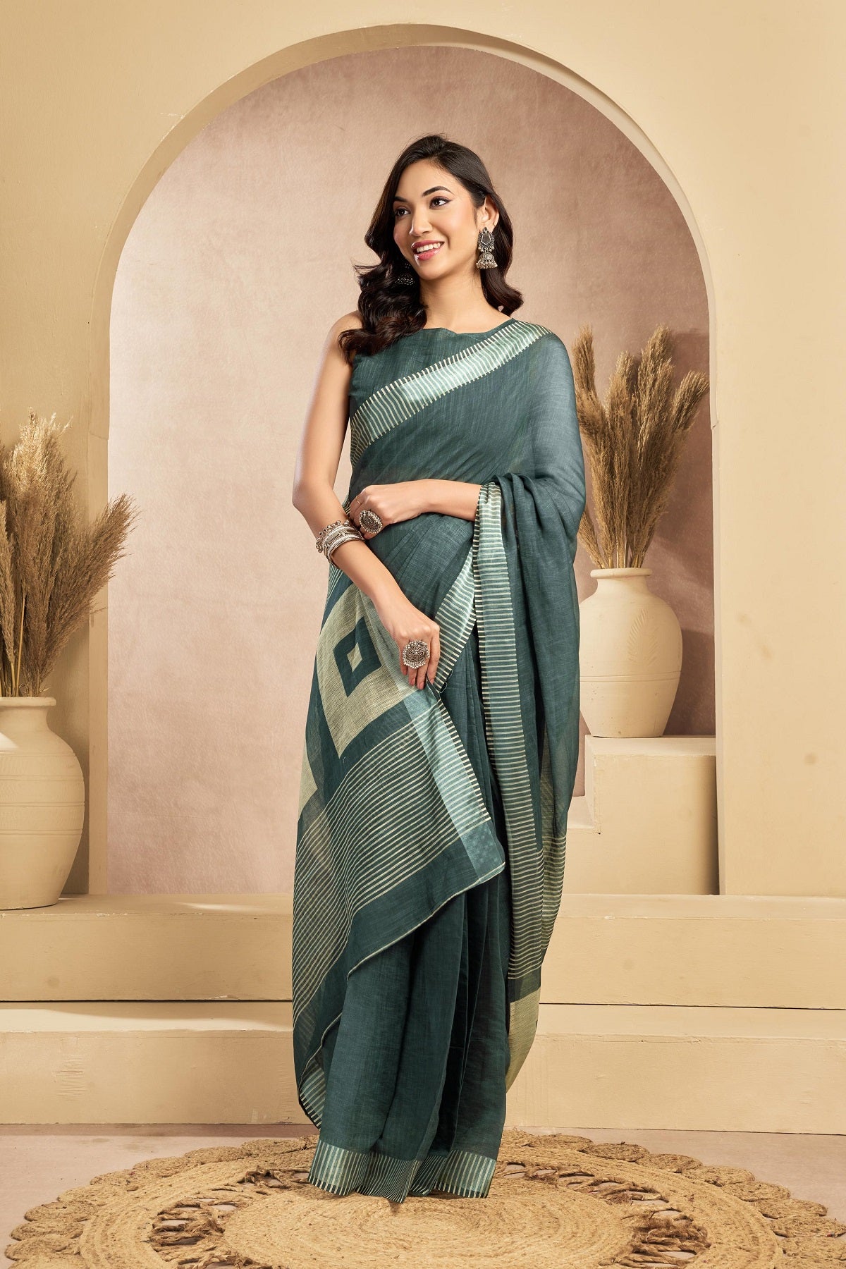 Dwija Fashion Sage Green Party Wear Printed Linen Ready To Wear Saree With Unstitched Blouse