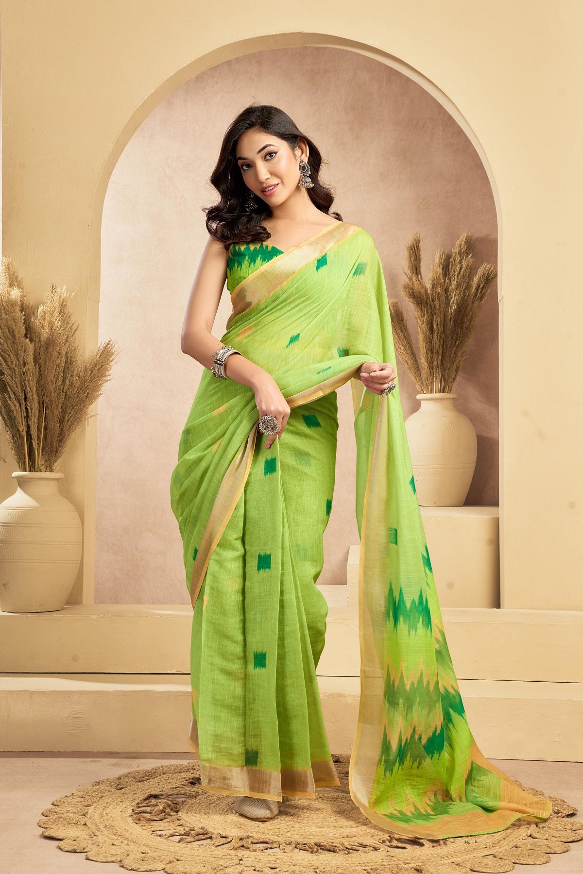 Dwija Fashion Mint Green Party Wear Printed Linen Ready To Wear Saree With Unstitched Blouse
