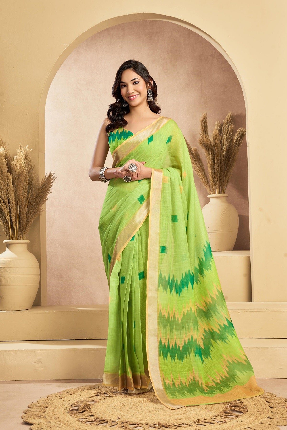 Dwija Fashion Mint Green Party Wear Printed Linen Ready To Wear Saree With Unstitched Blouse