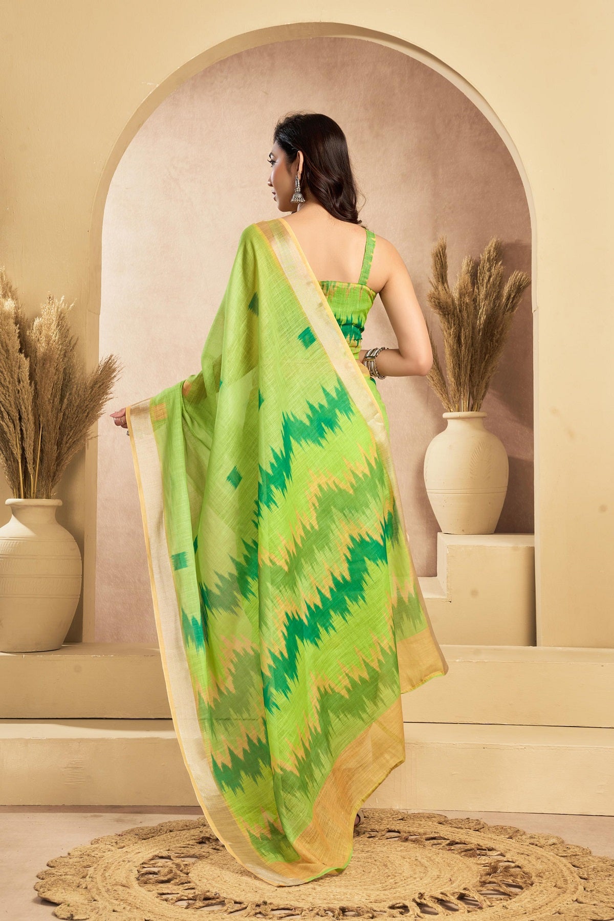 Dwija Fashion Mint Green Party Wear Printed Linen Ready To Wear Saree With Unstitched Blouse