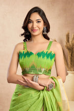 Thumbnail for Dwija Fashion Mint Green Party Wear Printed Linen Ready To Wear Saree With Unstitched Blouse