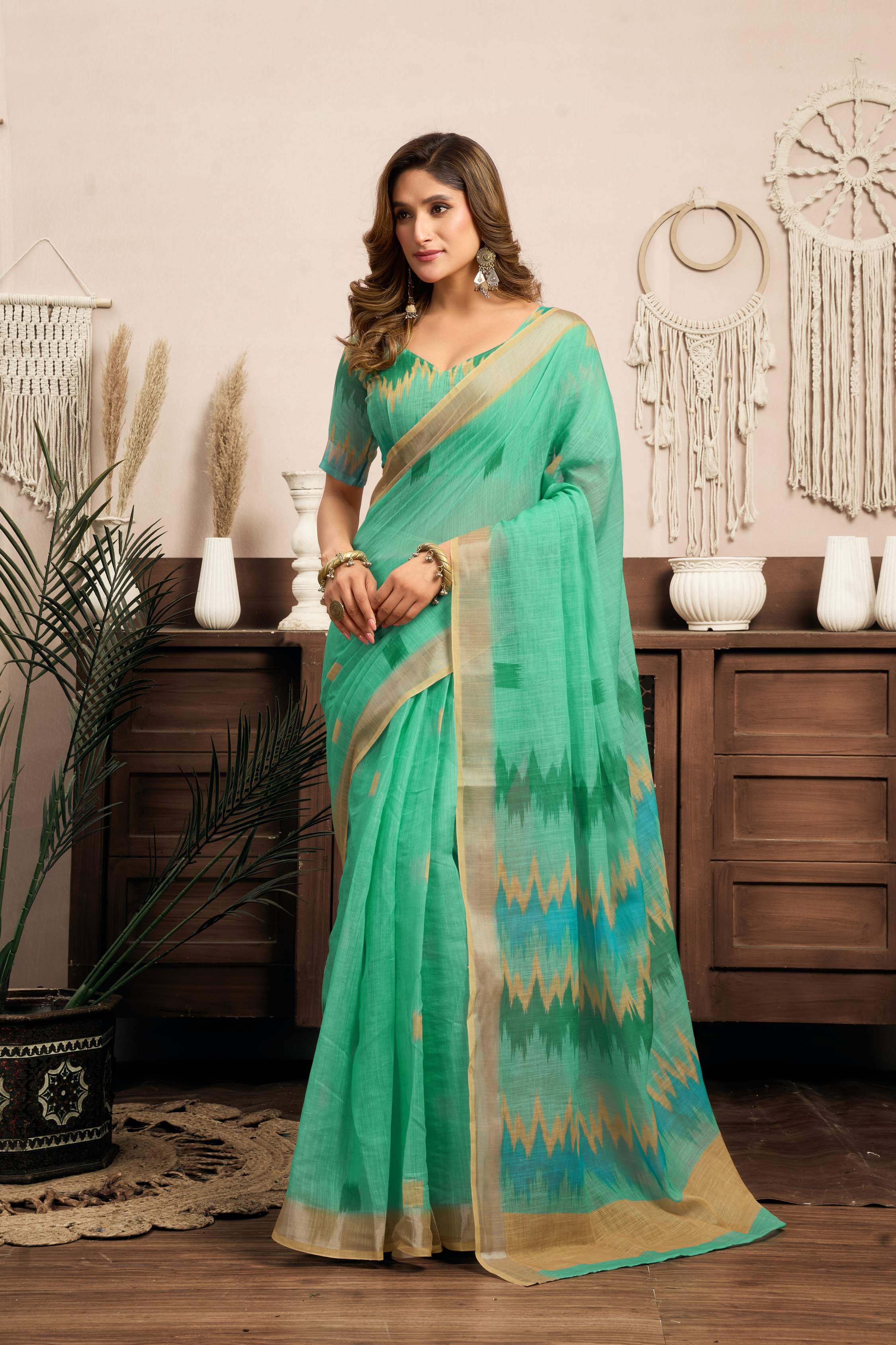 Dwija Fashion Mint Green Party Wear Printed Linen Ready To Wear Saree With Unstitched Blouse