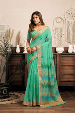 Thumbnail for Dwija Fashion Mint Green Party Wear Printed Linen Ready To Wear Saree With Unstitched Blouse