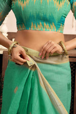 Thumbnail for Dwija Fashion Mint Green Party Wear Printed Linen Ready To Wear Saree With Unstitched Blouse