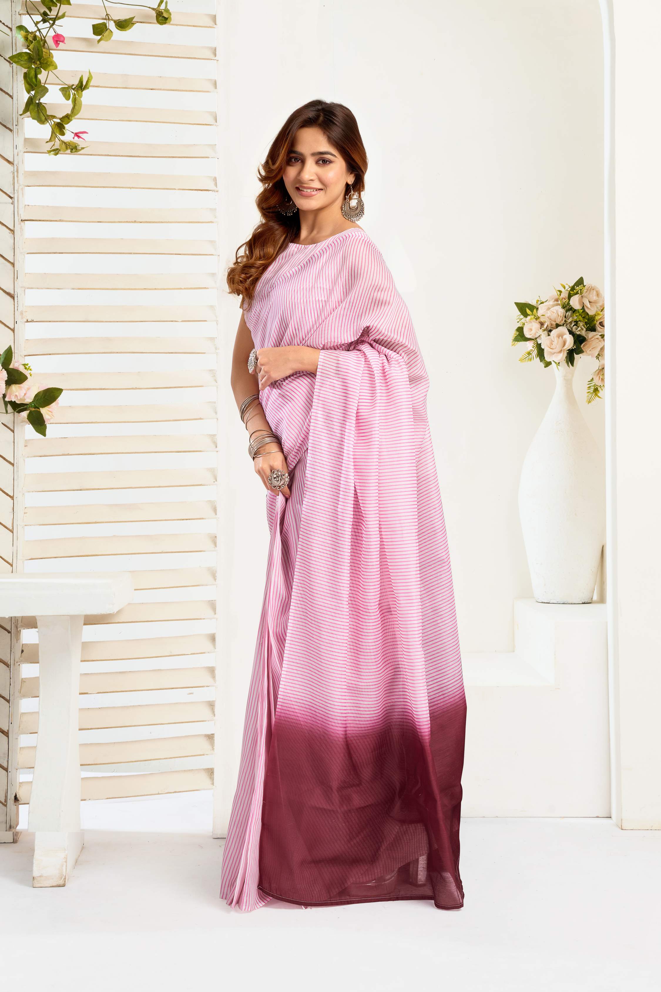 Dwija Fashion Pink Party Wear Printed Linen Ready To Wear Saree With Unstitched Blouse