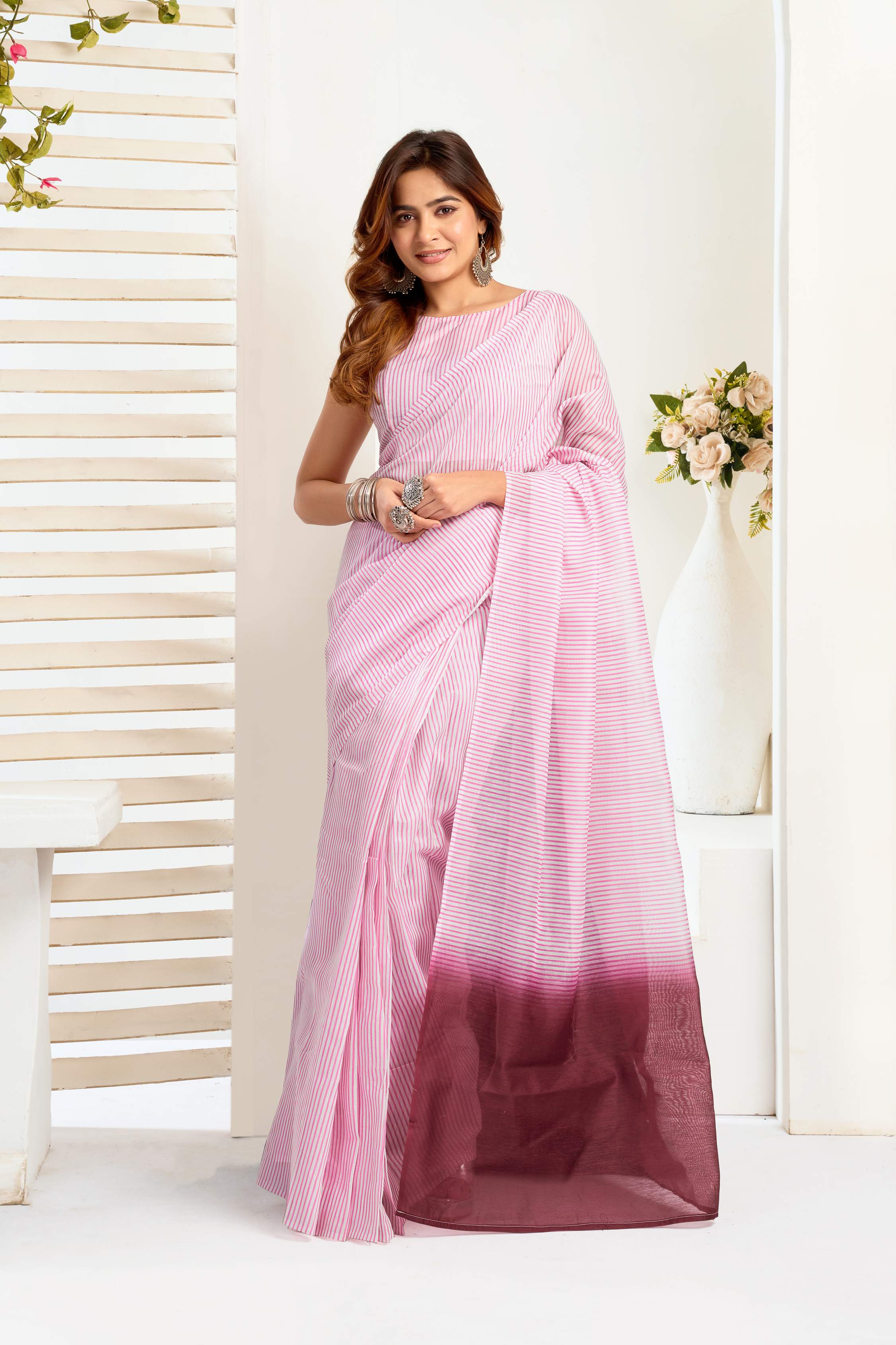 Dwija Fashion Pink Party Wear Printed Linen Ready To Wear Saree With Unstitched Blouse