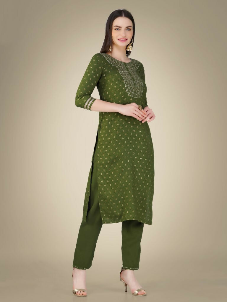 Jyoti Fashion Women's Mehendi Cotton Magic Slub Embroidery & Sequence work Kurta with Trouser & Dupatta - Distacart