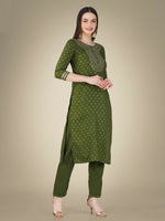 Thumbnail for Jyoti Fashion Women's Mehendi Cotton Magic Slub Embroidery & Sequence work Kurta with Trouser & Dupatta - Distacart