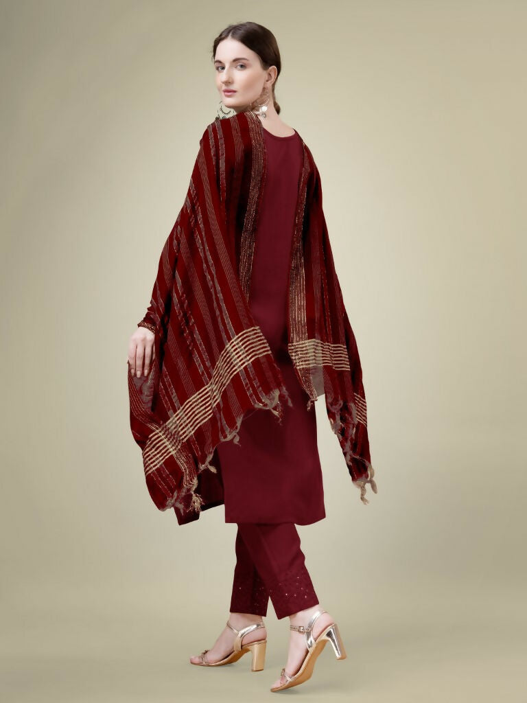 Jyoti Fashion Women's Maroon Cotton Blend Embroidery & Sequence work Kurta with Trouser & Dupatta - Distacart