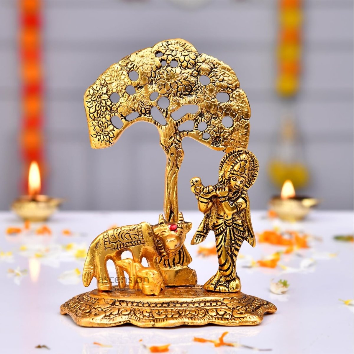 Ascension Designer Metal Cow Calf and Krishna Idol - Distacart