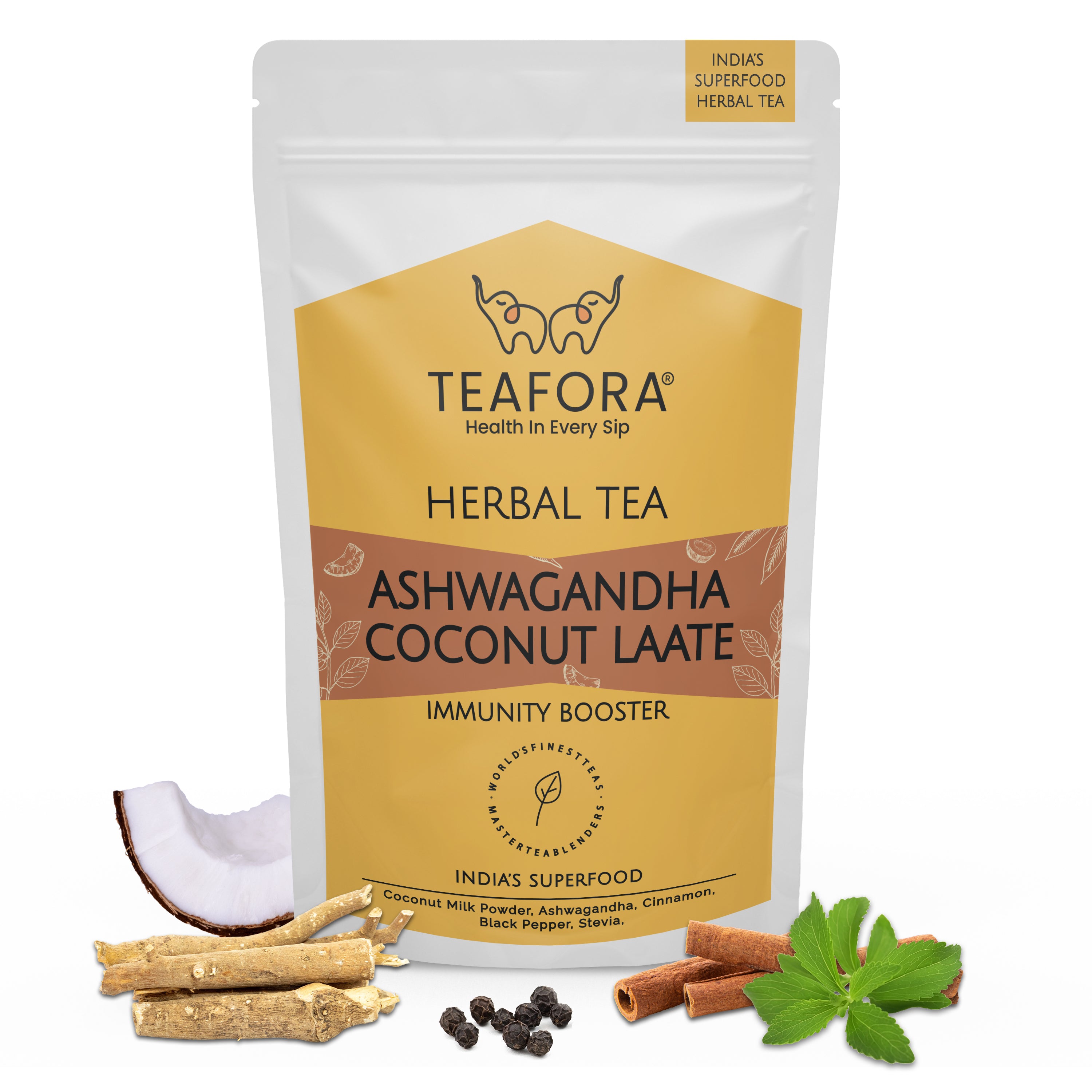 TEAFORA Ashwagandha Coconut Latte | CAFFEINE-FREE Herbal Tea | Indian Superfoods Ashwagandha & Coconut | Relieves Stress and Supports Immunity | 100% NATURAL - Dista