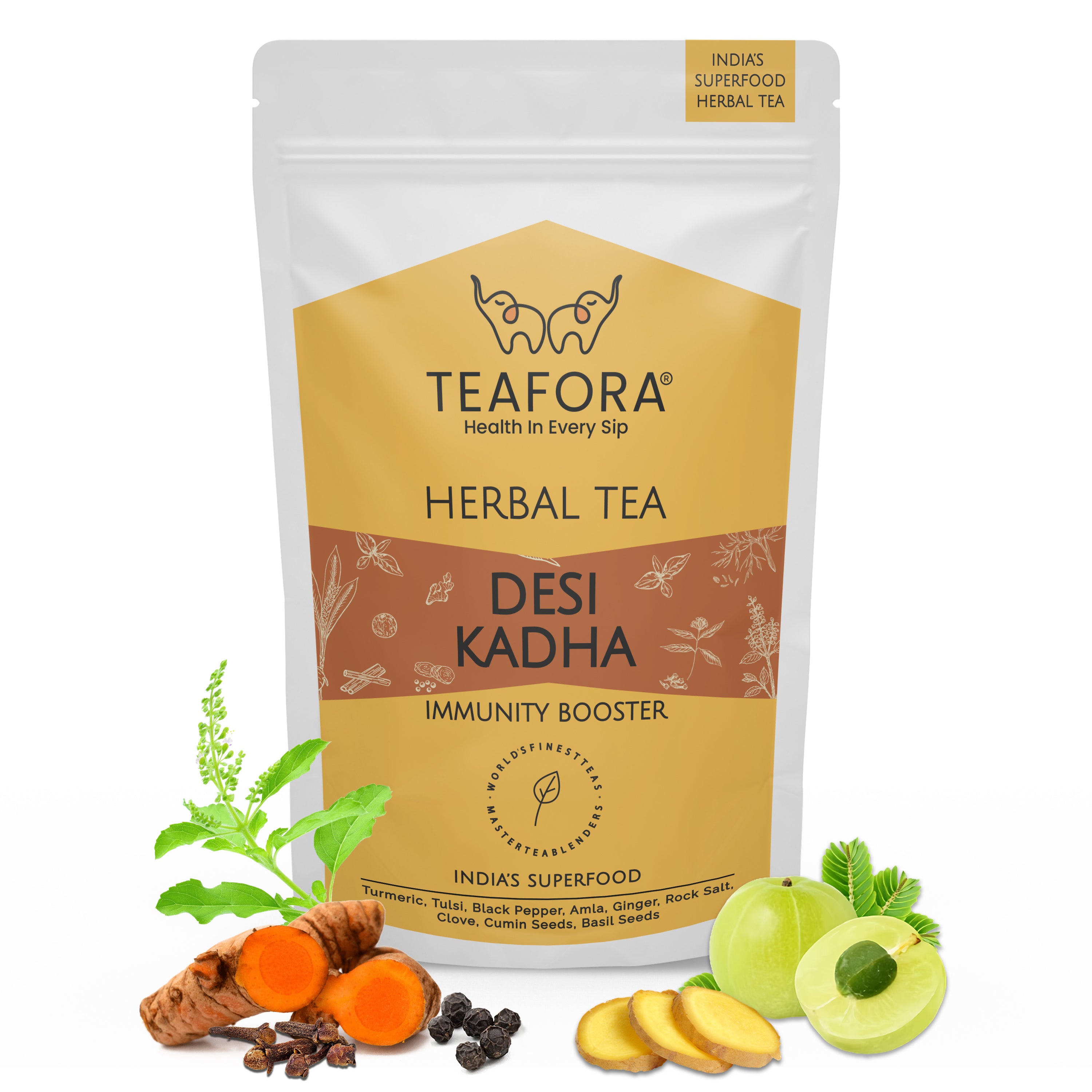TEAFORA Desi Kadha | Immunity Booster Herbal Tea | Indian Superfoods Turmeric, Amla, Tulsi, Ginger & Rock Salt | Relaxing & Warming | 100% NATURAL - Dista
