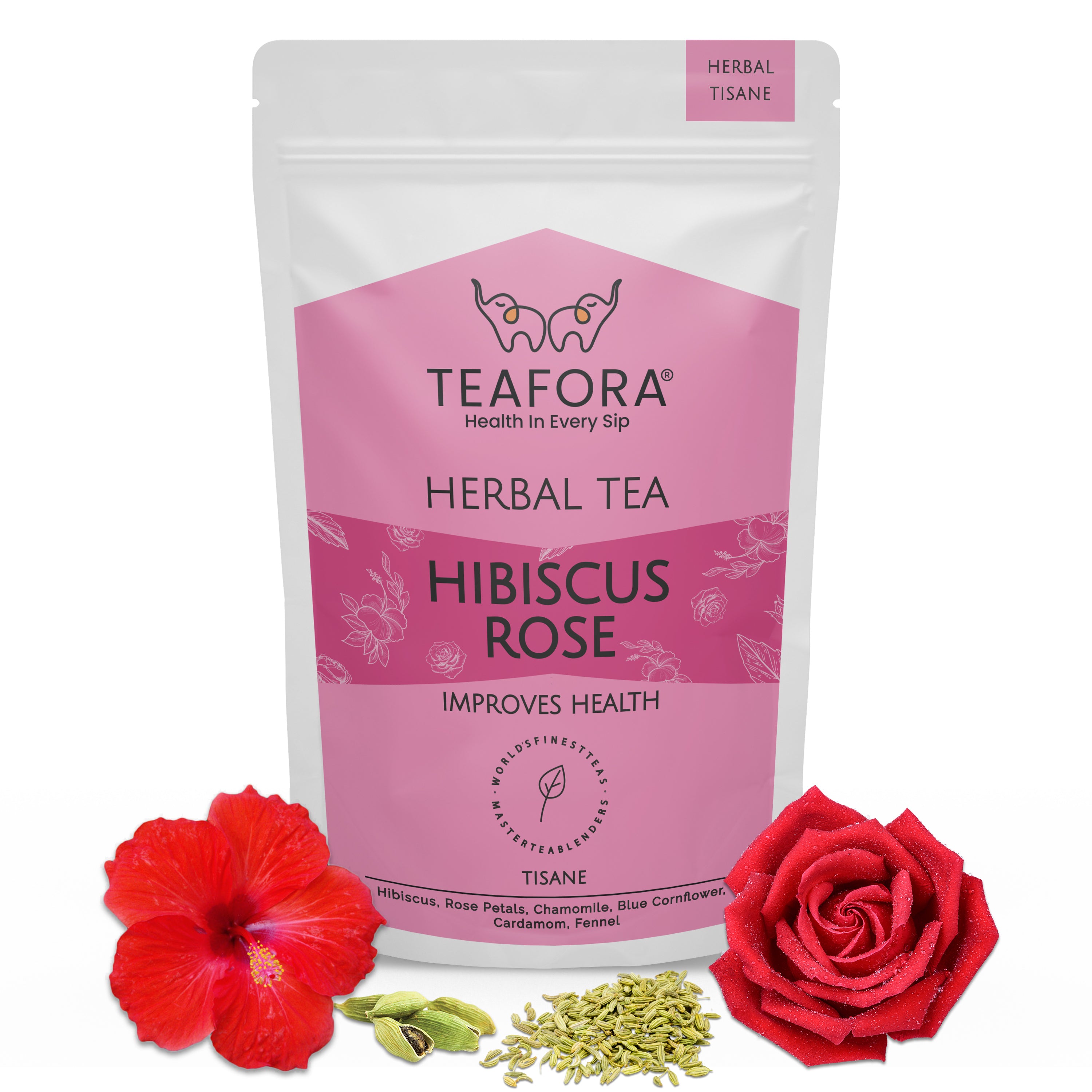 TEAFORA Hibiscus Rose Herbal Tea | CAFFEINE-FREE | 100% NATURAL | Hibiscus, Rose, Chamomile, Blue Cornflower, Fennel, Licorice | Brew Hot or as Iced Tea - Dista