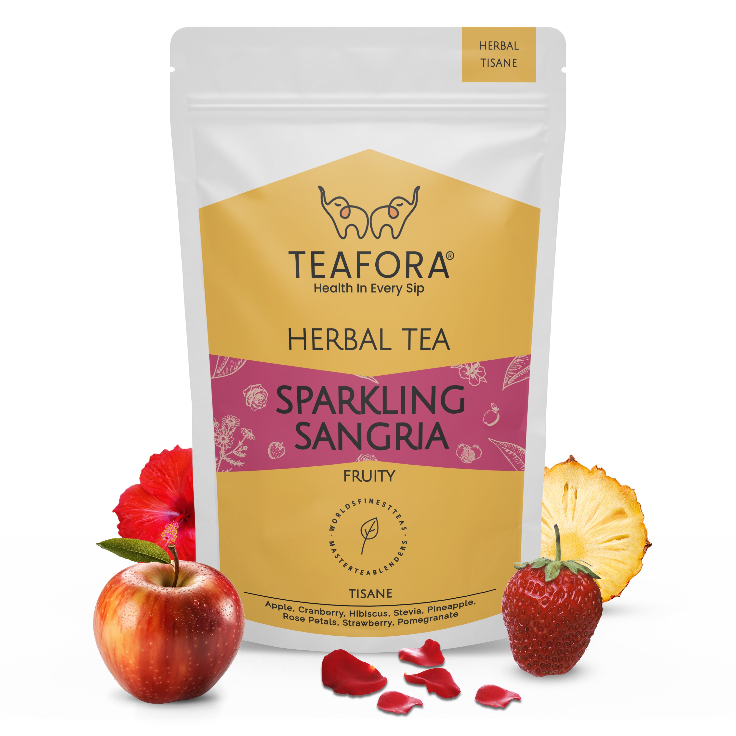 TEAFORA Sparkling Sangria | CAFFEINE-FREE Herbal Tea | Refreshing and Fruity | 100% Natural Apple, Strawberry, Mango, Pineapple, Hibiscus | Brew Hot or Iced Tea - Dista