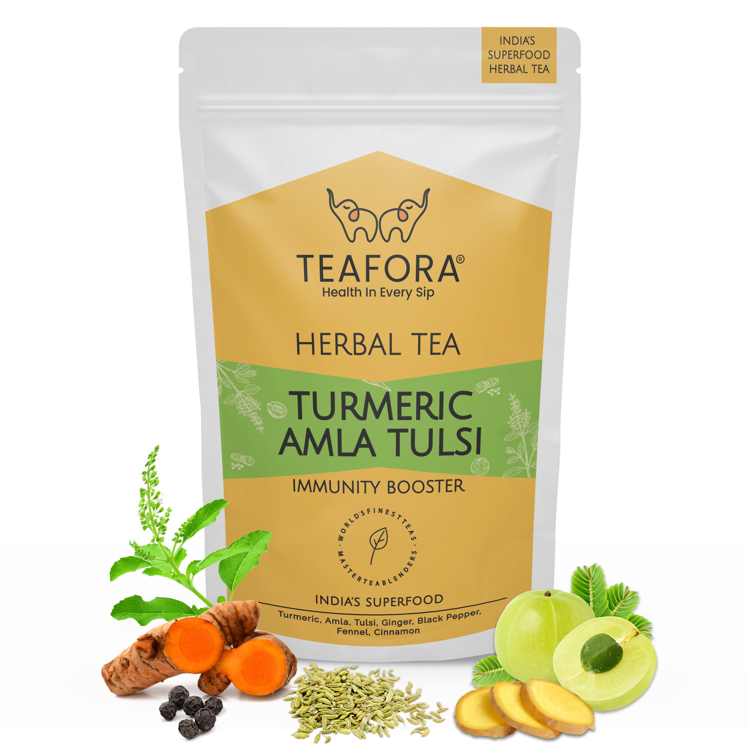 TEAFORA Turmeric Amla Tulsi Herbal Tea | CAFFEINE-FREE | Blended with Ginger, Blueberry, Cinnamon & Stevia | Improves Hair Growth, Supports Immunity - Dista
