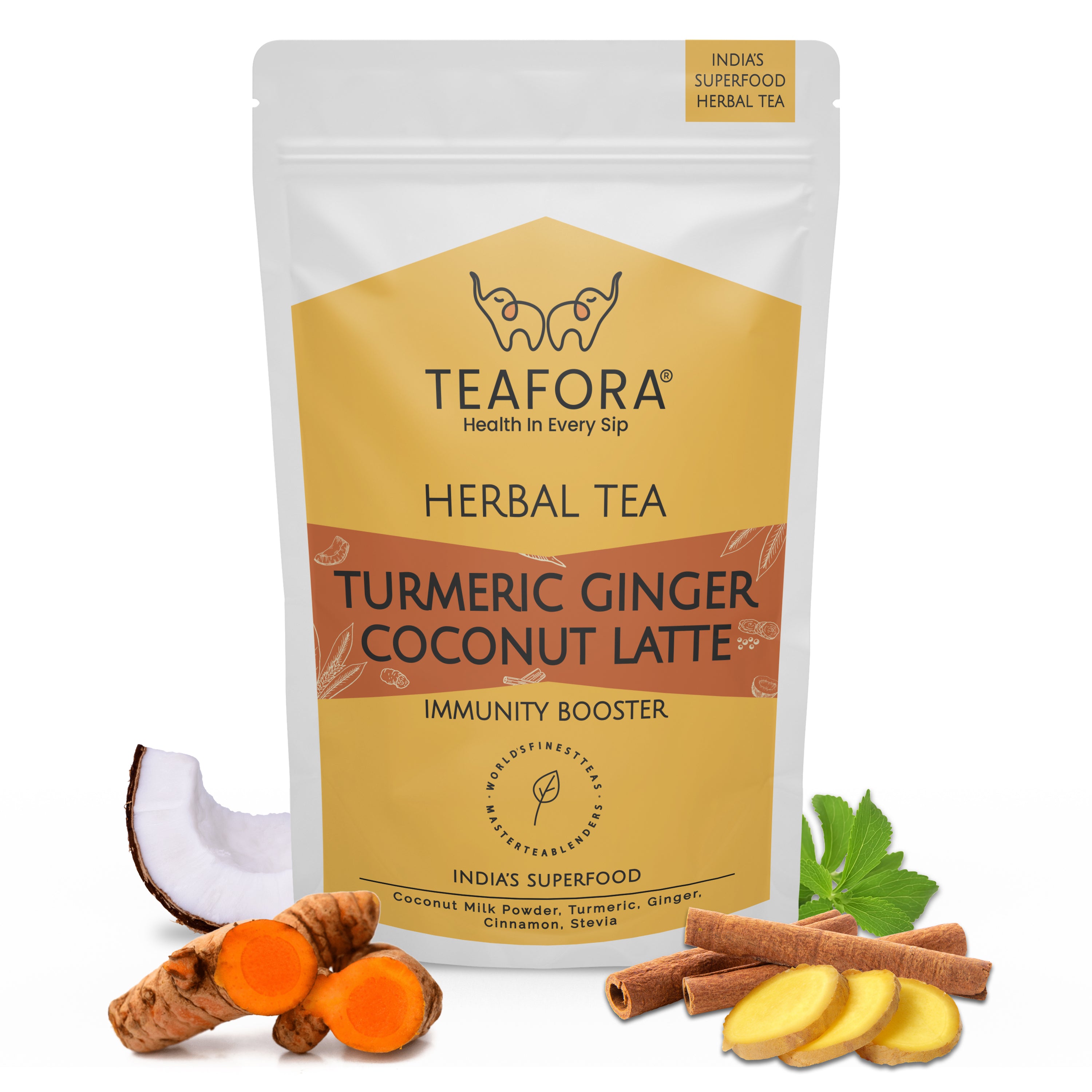 TEAFORA Turmeric Ginger Coconut Latte | Indian Superfoods with Coconut Milk Powder | Aids Digestion, Relieves Stress & Supports Immunity | 100% NATURAL - Dista