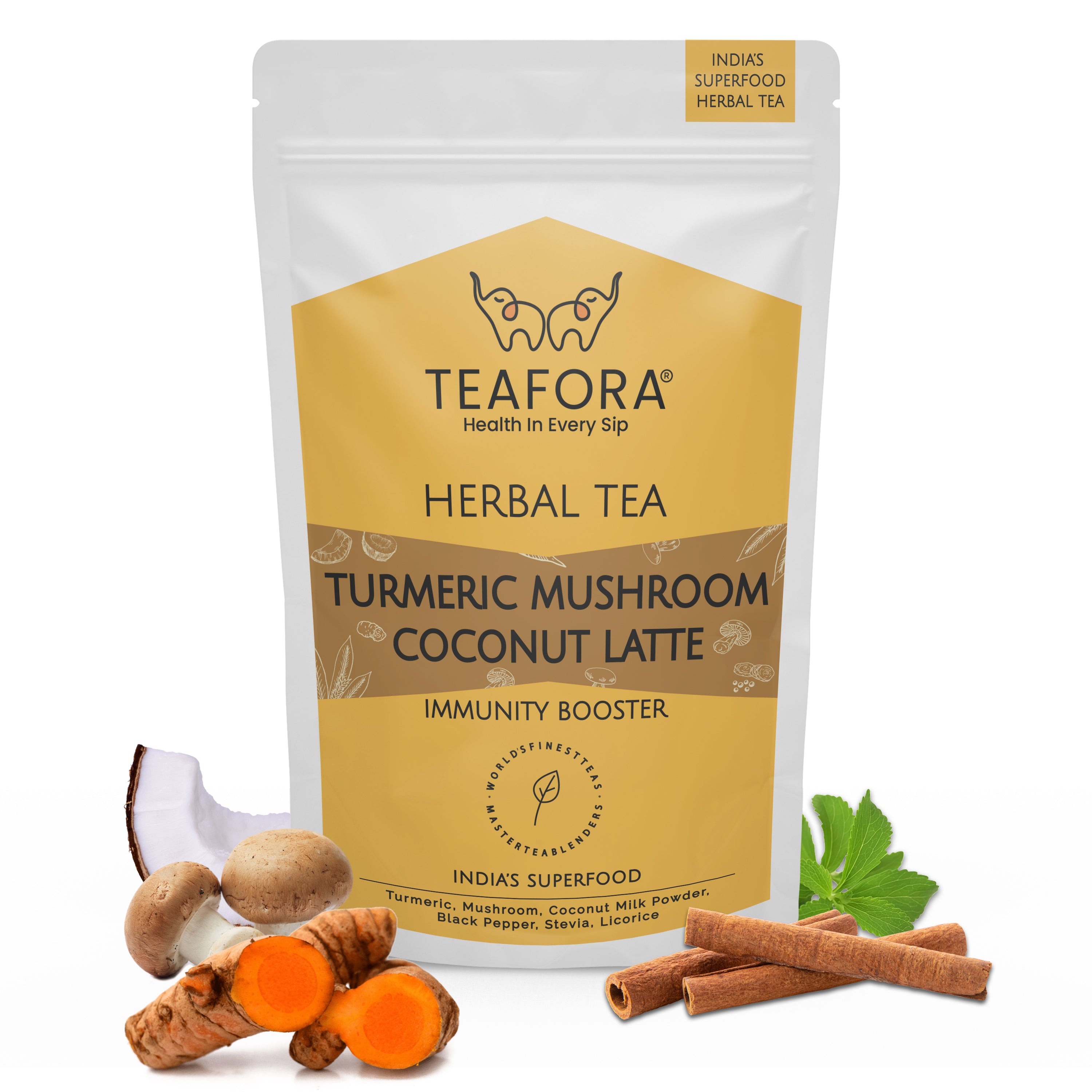 TEAFORA Turmeric Mushroom Coconut Latte | Caffeine-Free, Immunity-Boosting Herbal Tea Latte with Turmeric & Reishi Mushroom | 100% NATURAL INGREDIENTS - Dista