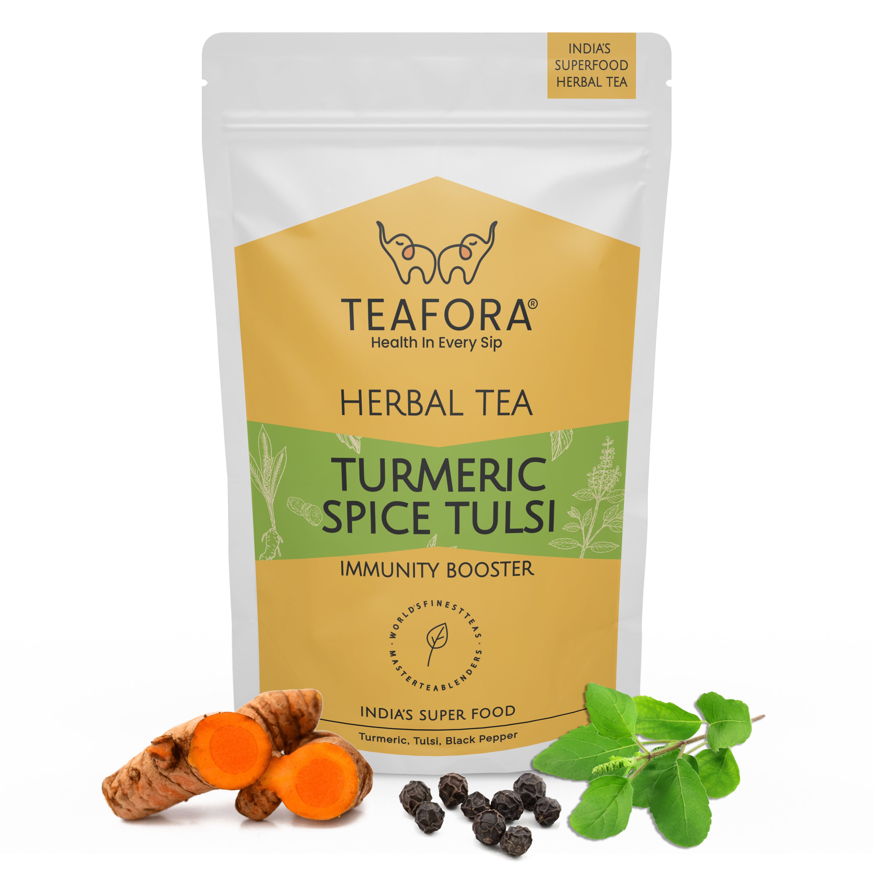 TEAFORA Turmeric Spice Tulsi Herbal Tea | Immunity Booster | Blend of Indian Superfoods Turmeric, Tulsi & Black Pepper | 100% NATURAL INGREDIENTS - Dista