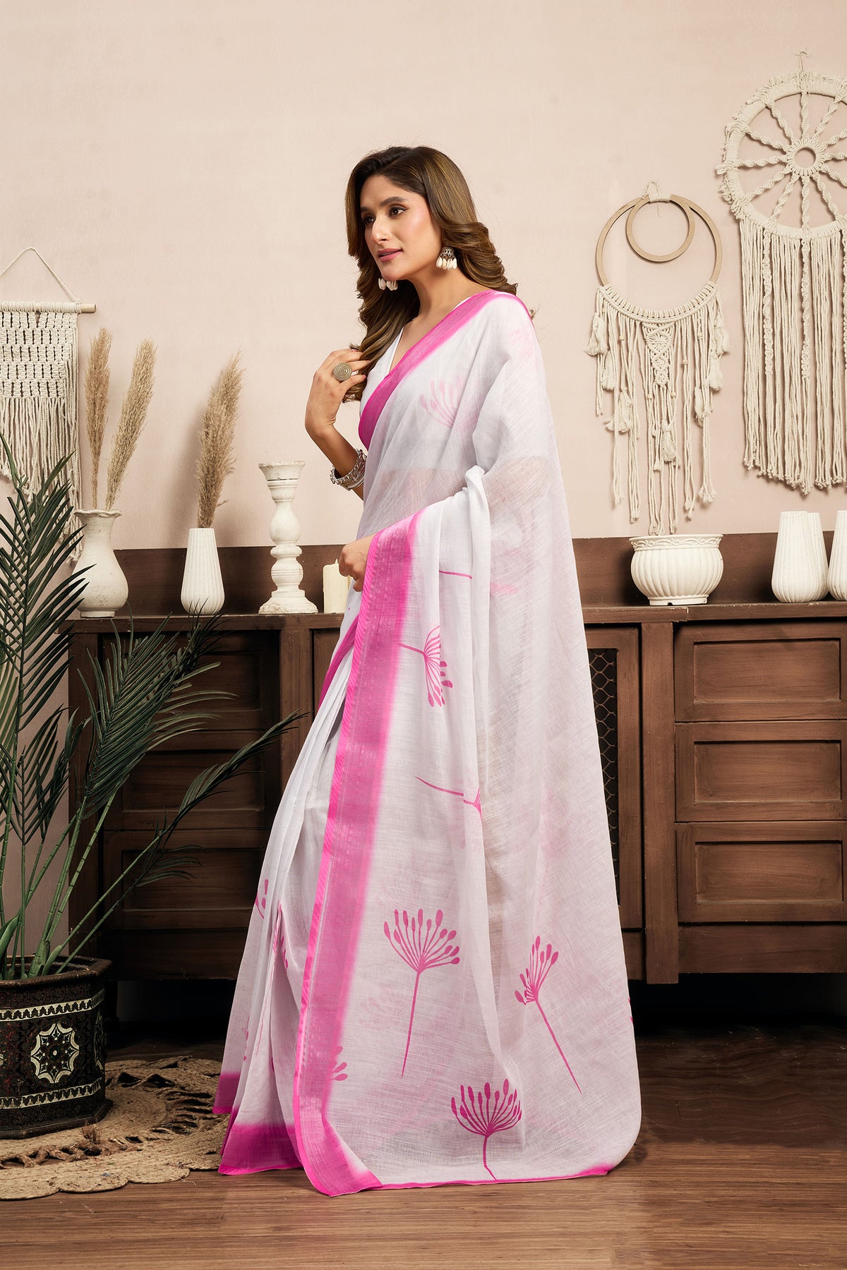 Elora White Linen Floral Printed Ready To Wear Saree