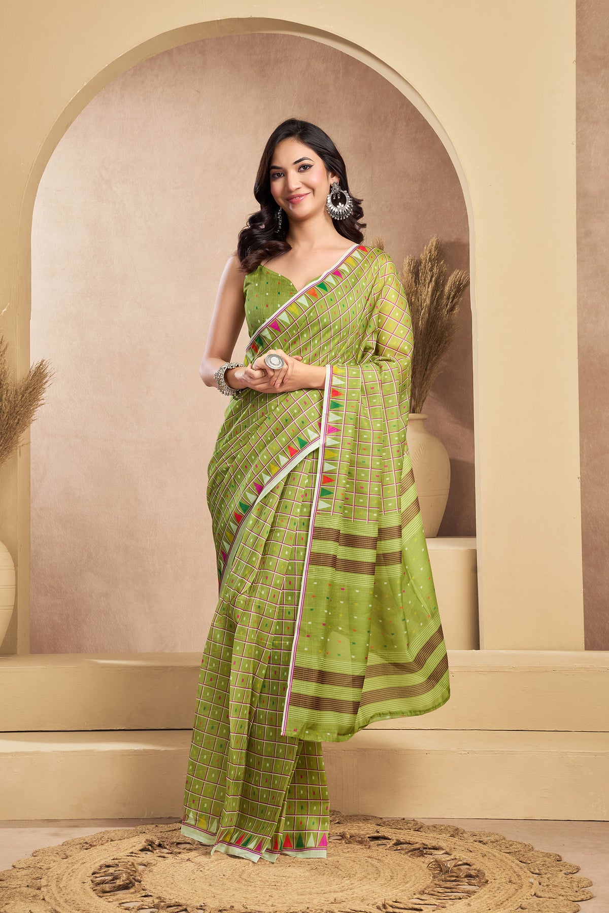 Elora Light Green Linen Mini Checks Printed Ready To Wear Saree