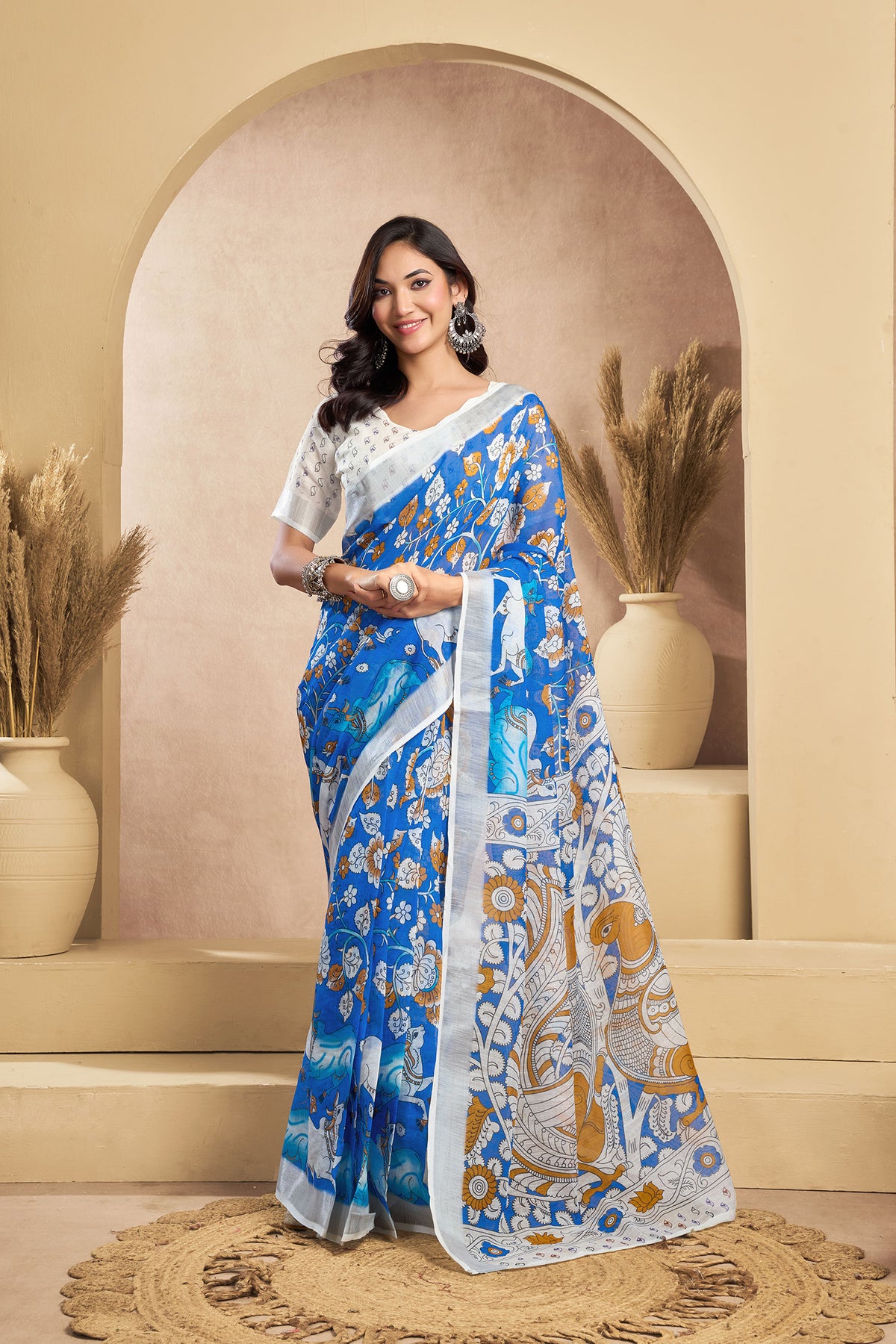 Elora Blue & White Linen Kalamkari Printed Ready To Wear Saree