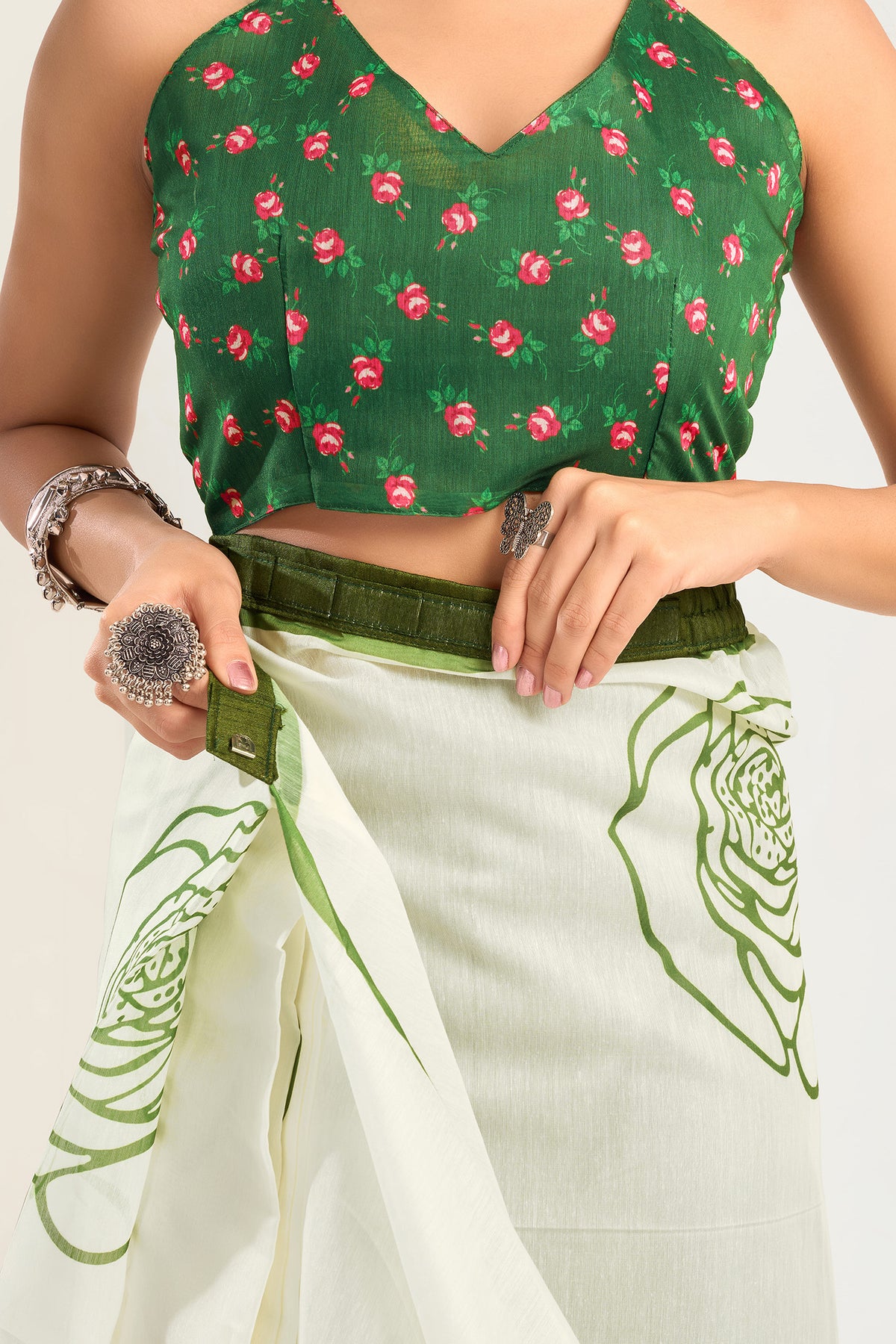 Elora White Linen Floral Printed Ready To Wear Saree