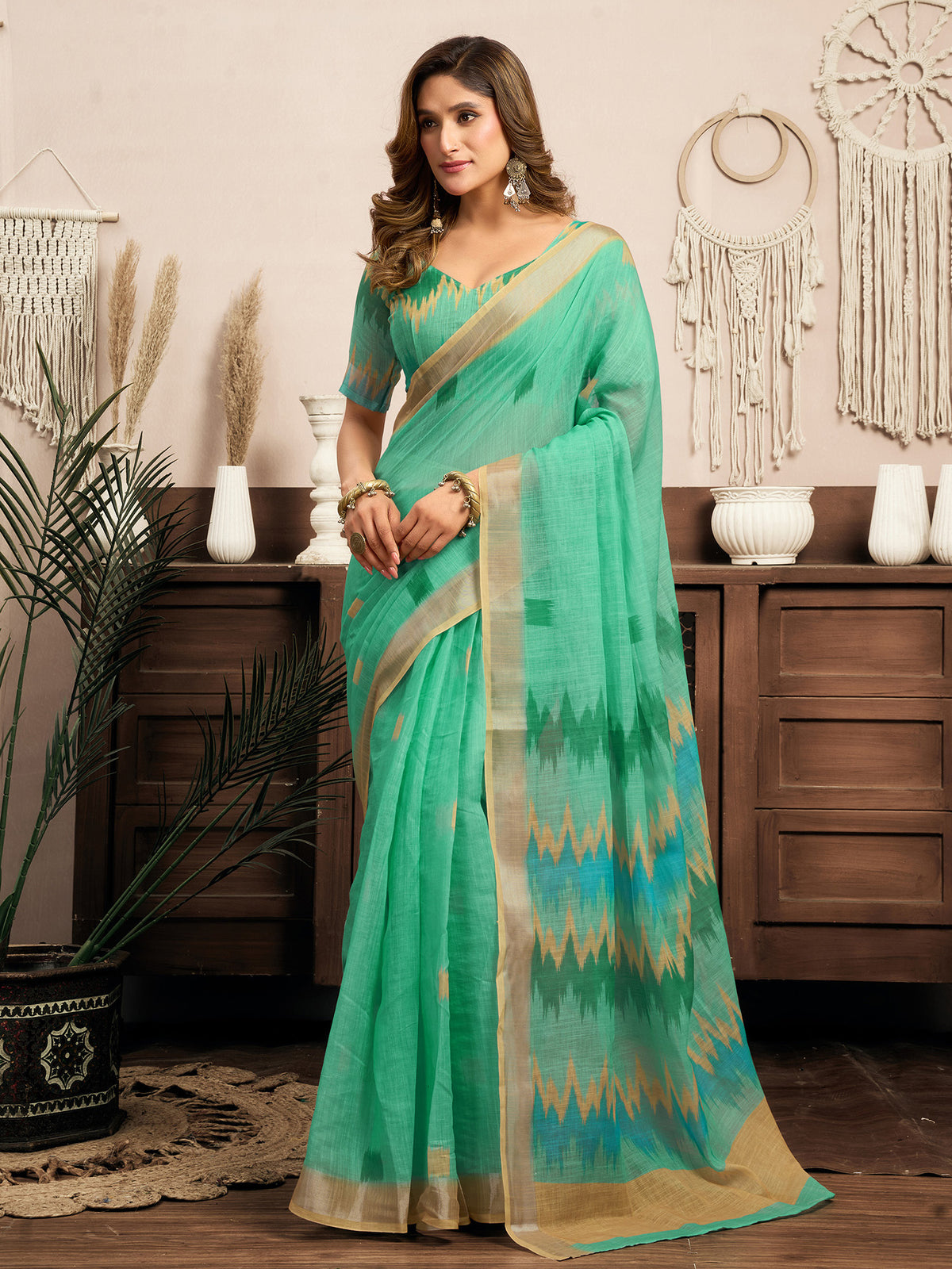Elora Teal Green Linen Ikat Printed Ready To Wear Saree With Pocket
