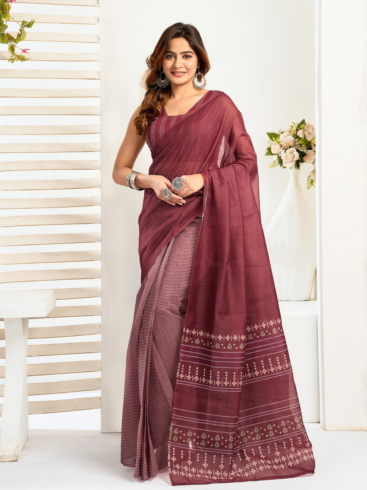 Elora Maroon Linen Ethnic Motifs Printed Ready To Wear Saree With Pocket