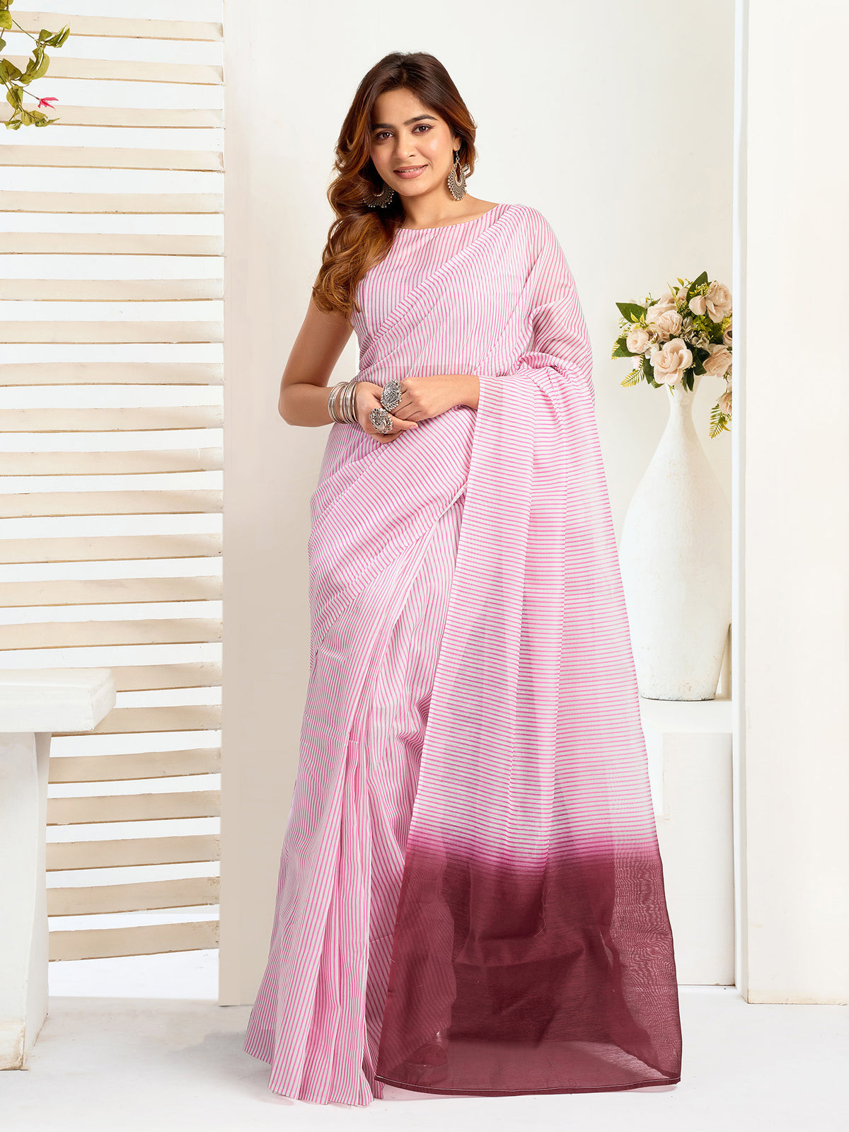 Elora Light Pink  Linen Striped Printed Ready To Wear Saree With Pocket