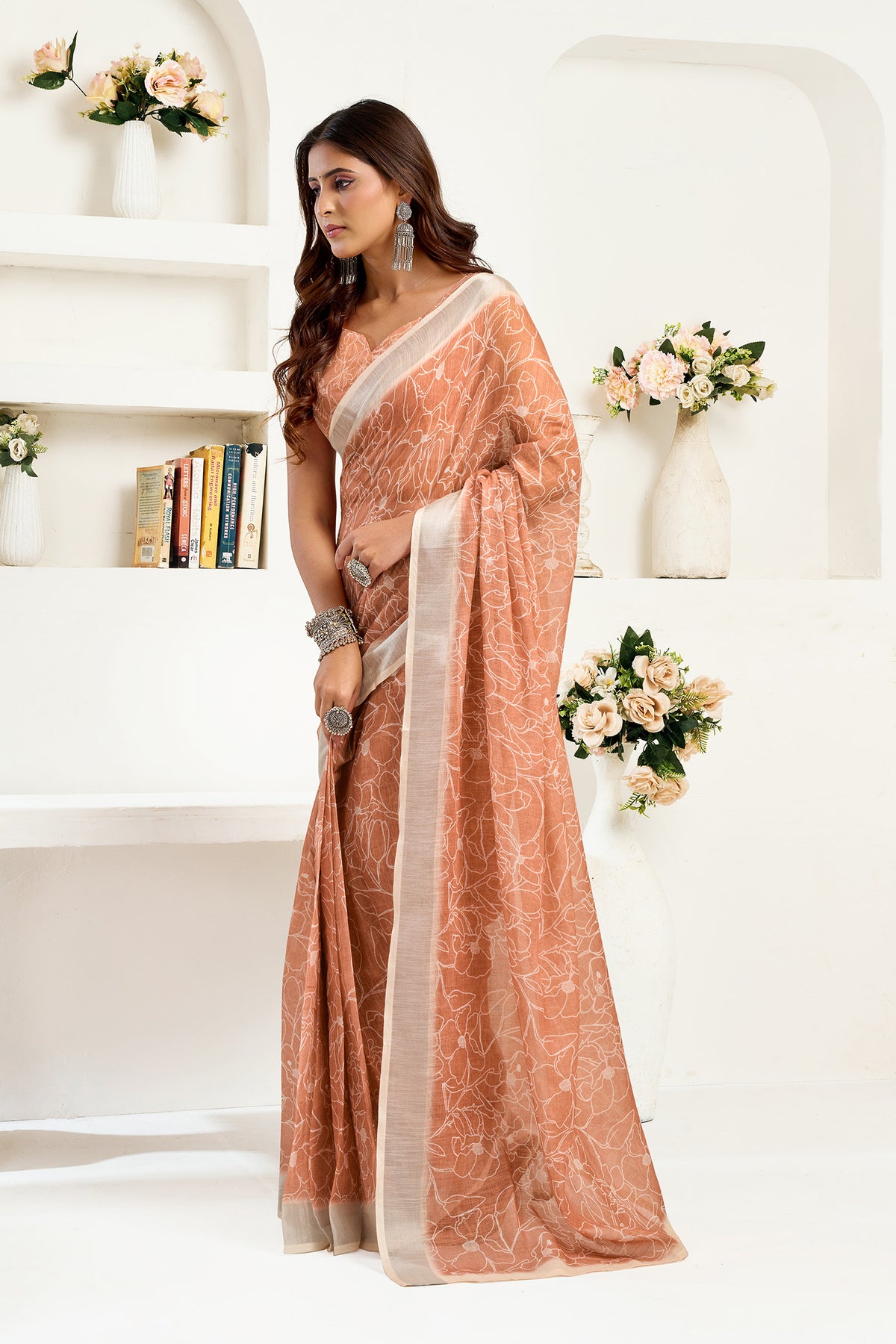 Elora Rust Brown Linen Floral Printed Ready to Wear Saree
