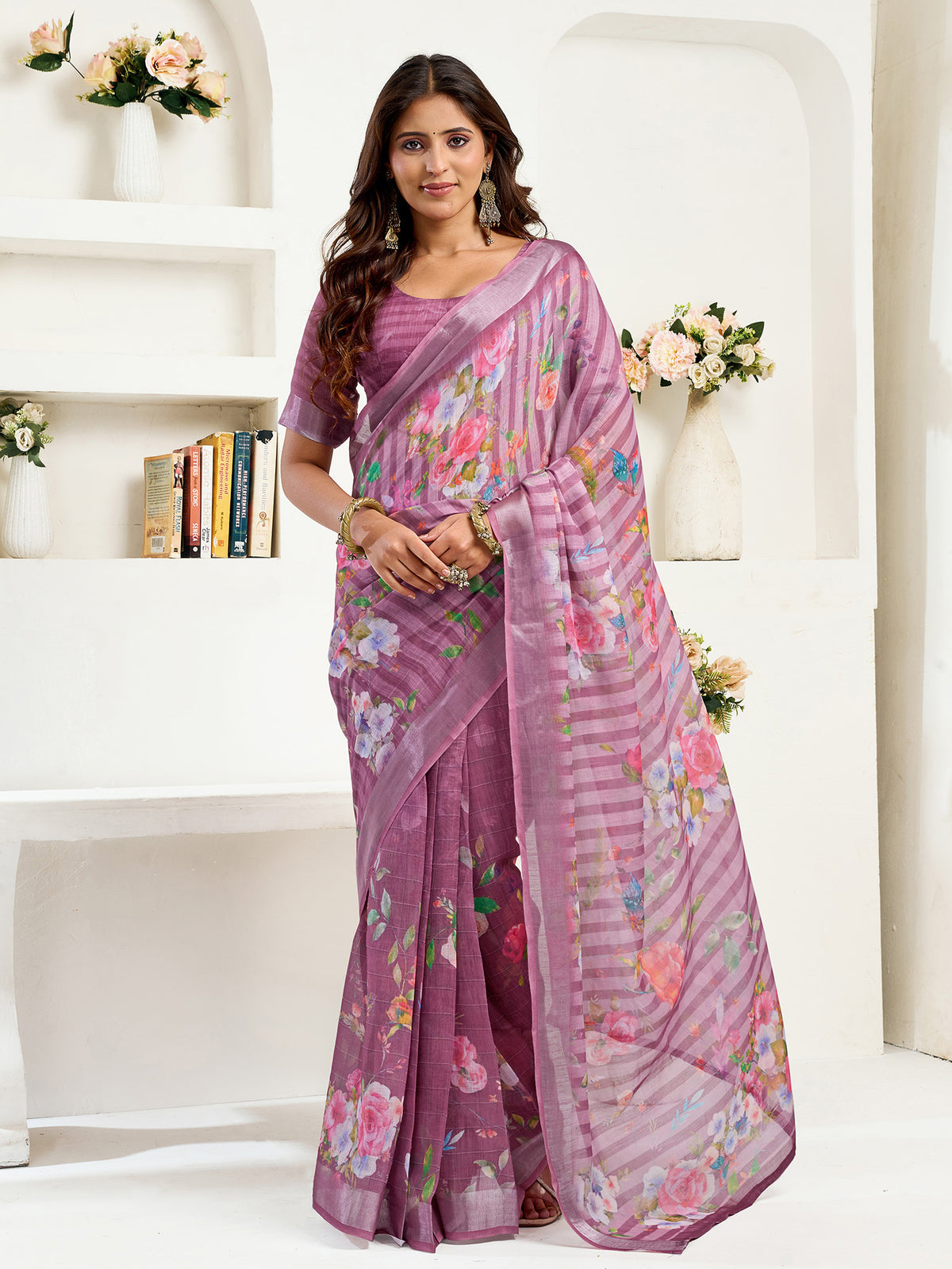 Elora Dusty Wine Linen Floral & Striped Printed Ready to Wear Saree