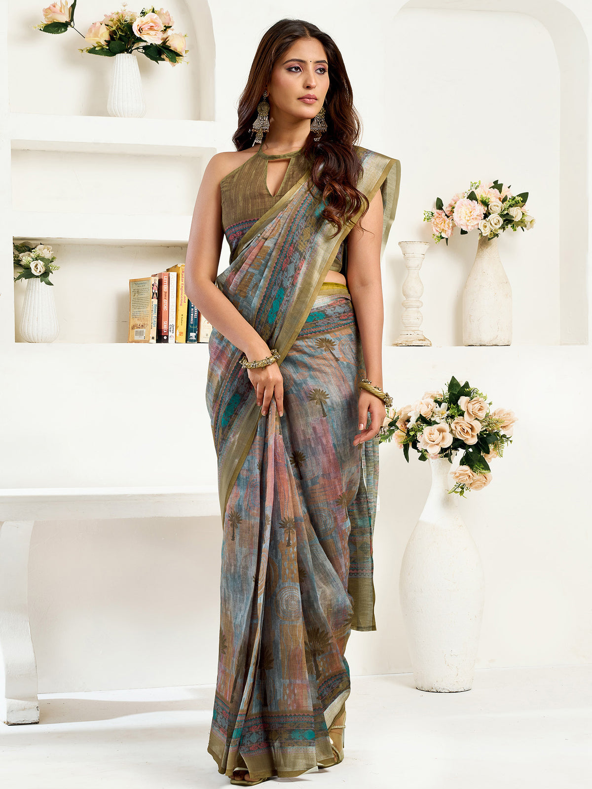 Elora Dusty Green Linen Floral & Ethnic Motifs Printed Ready to Wear Saree