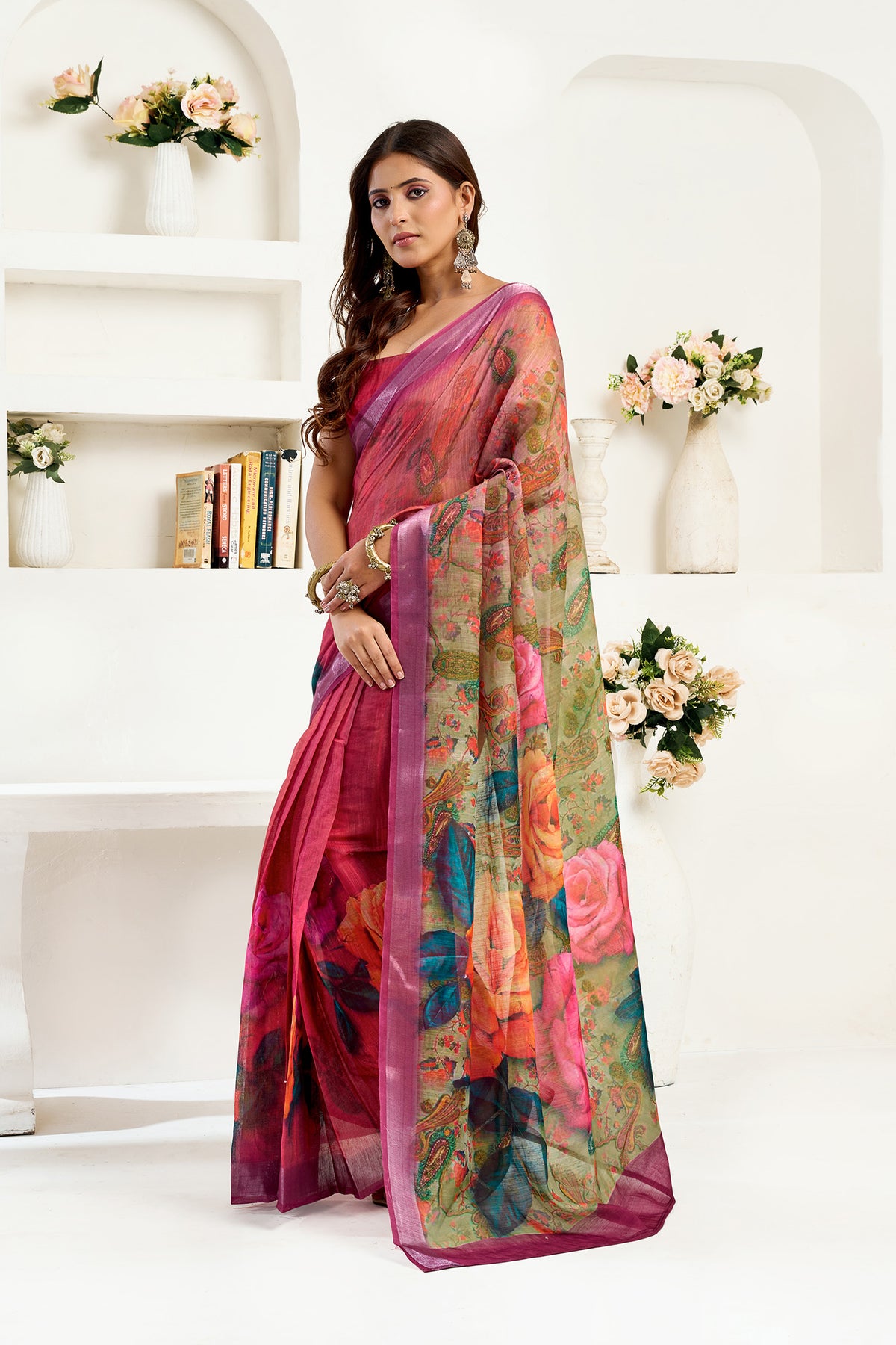 Elora  Onion Pink Linen Floral Printed Ready to Wear Saree