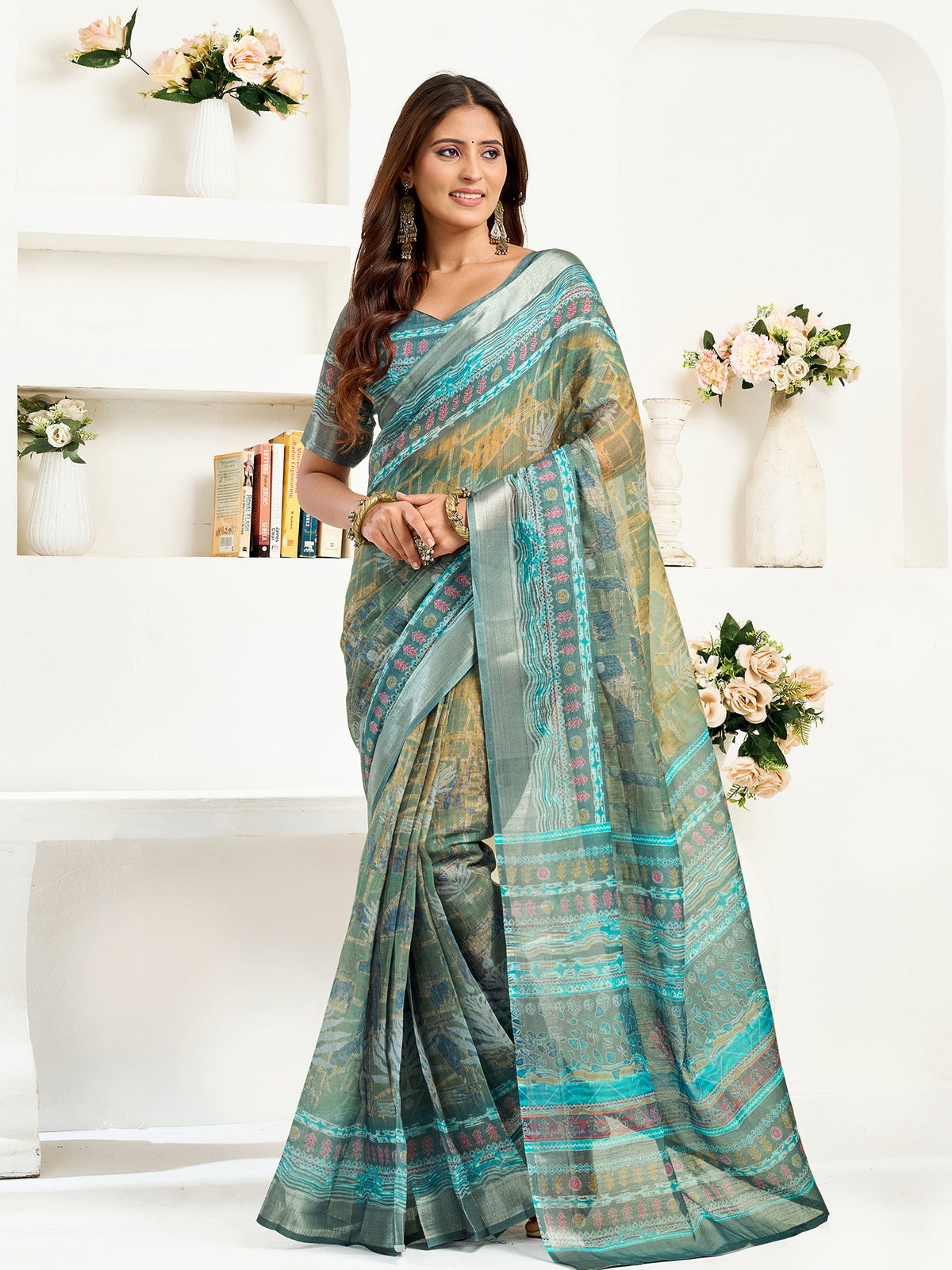 Elora Petrol Linen Ethnic Motifs Printed Ready to Wear Saree